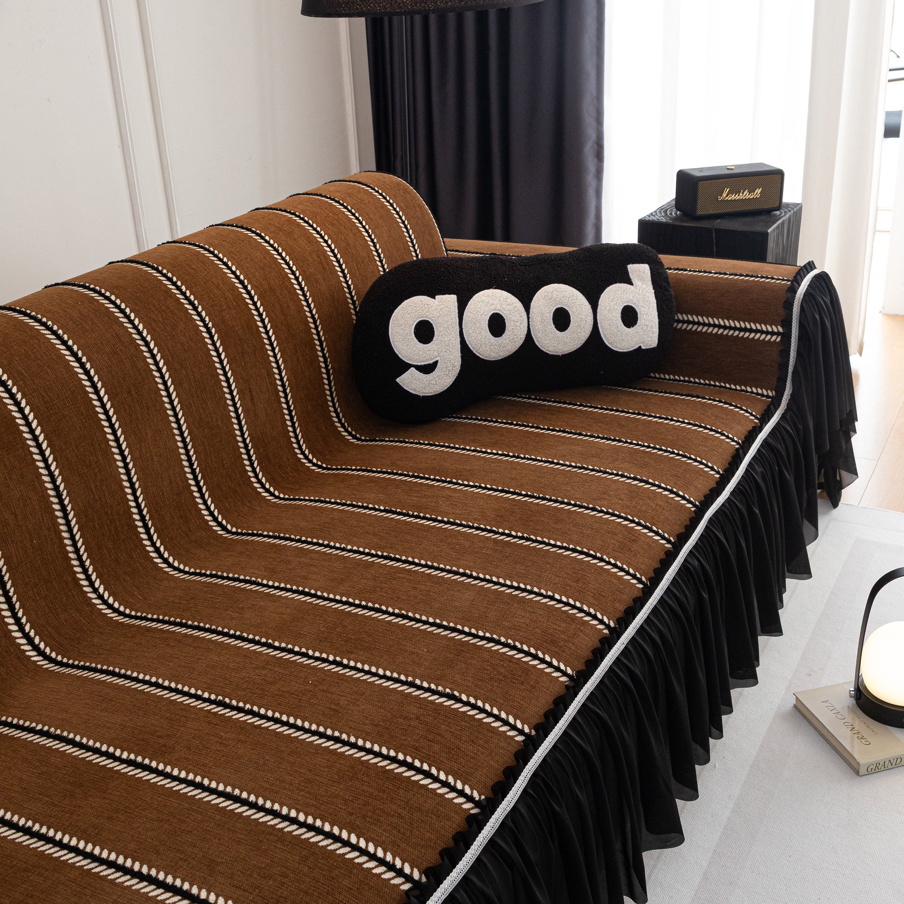 Leaf Stripe Sofa Cover with Black Sheer Skirt, Boho Soft Couch Slipcover for Pets - Image 68