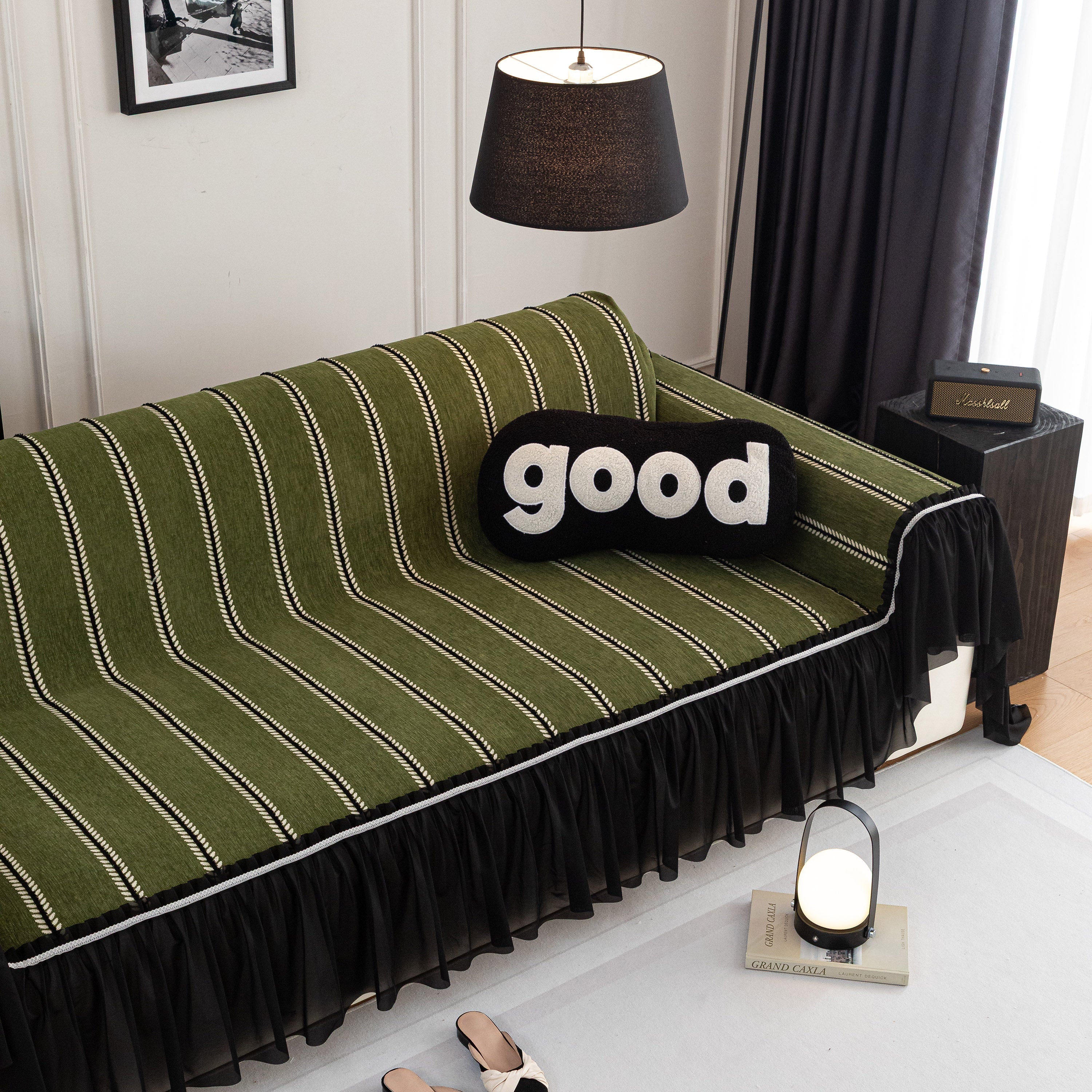 Leaf Stripe Sofa Cover with Black Sheer Skirt, Boho Soft Couch Slipcover for Pets - Image 7