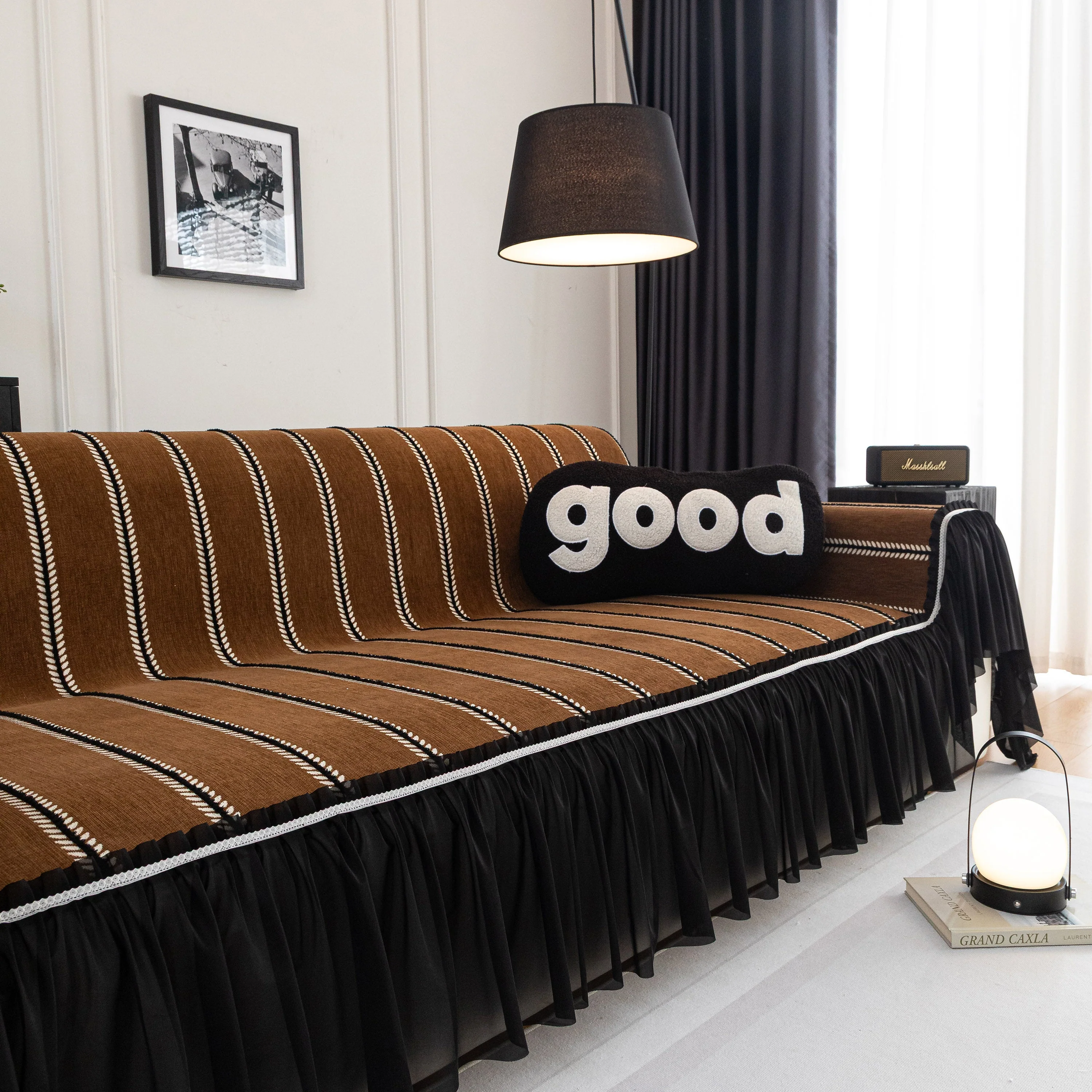 Leaf Stripe Sofa Cover with Black Sheer Skirt, Boho Soft Couch Slipcover for Pets - Image 70
