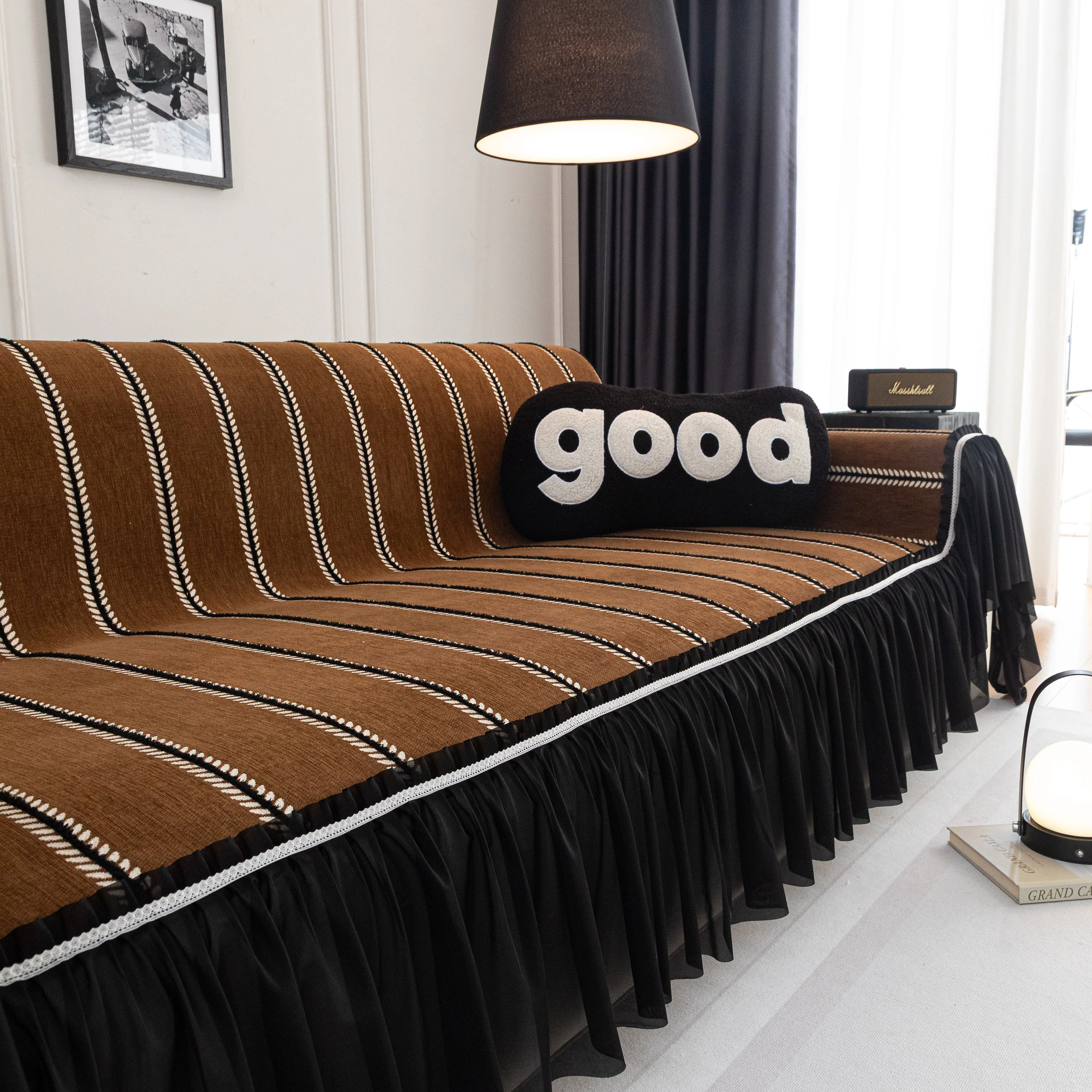 Leaf Stripe Sofa Cover with Black Sheer Skirt, Boho Soft Couch Slipcover for Pets - Image 71
