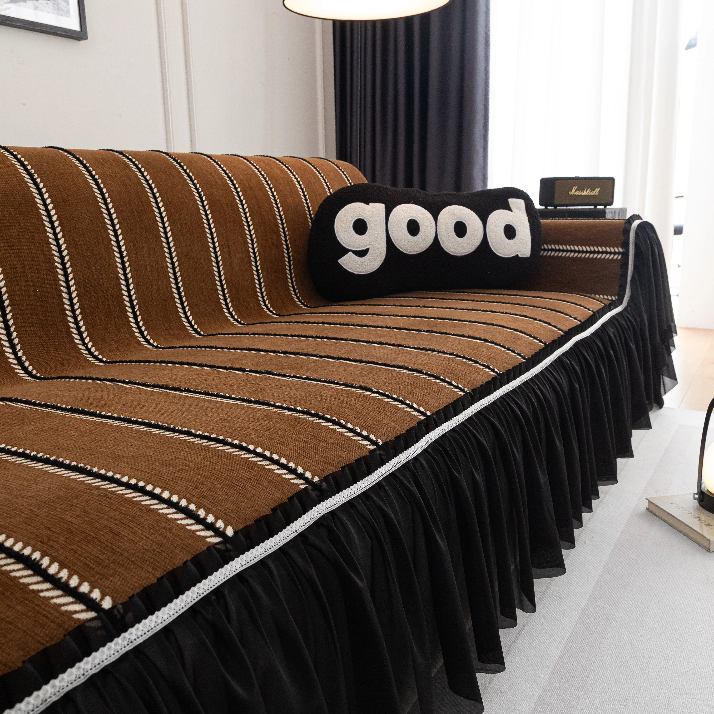 Leaf Stripe Sofa Cover with Black Sheer Skirt, Boho Soft Couch Slipcover for Pets - Image 72