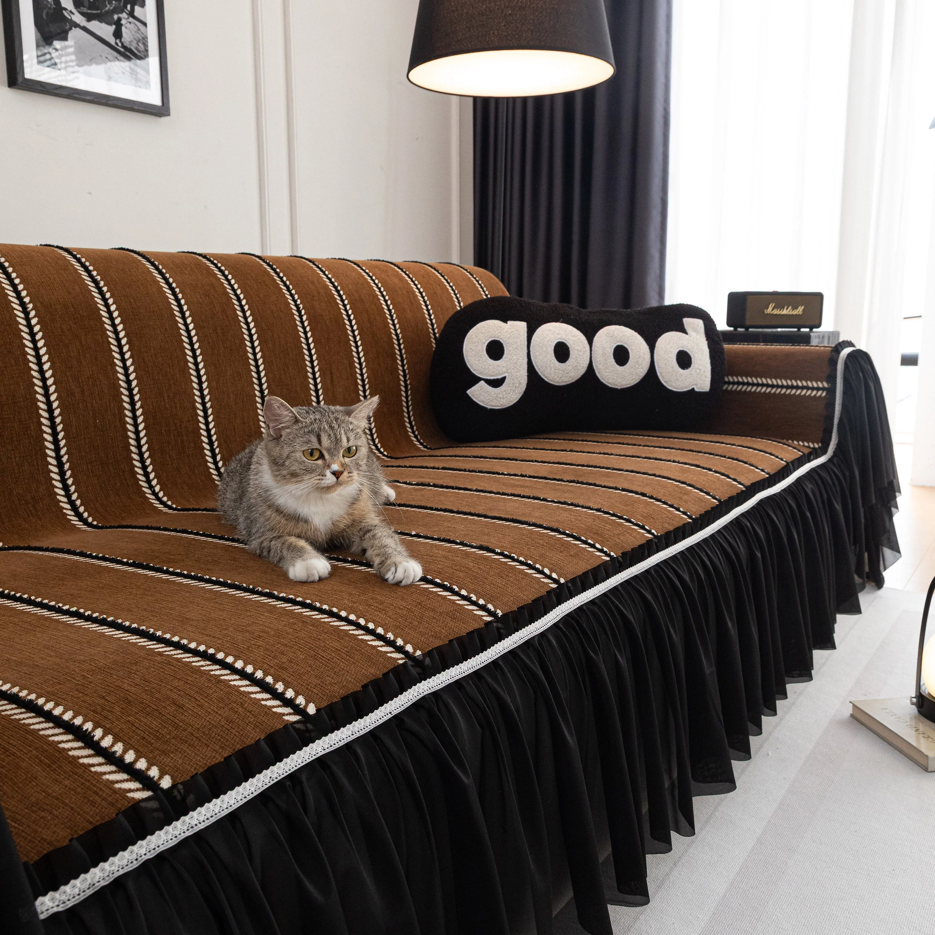 Leaf Stripe Sofa Cover with Black Sheer Skirt, Boho Soft Couch Slipcover for Pets - Image 73