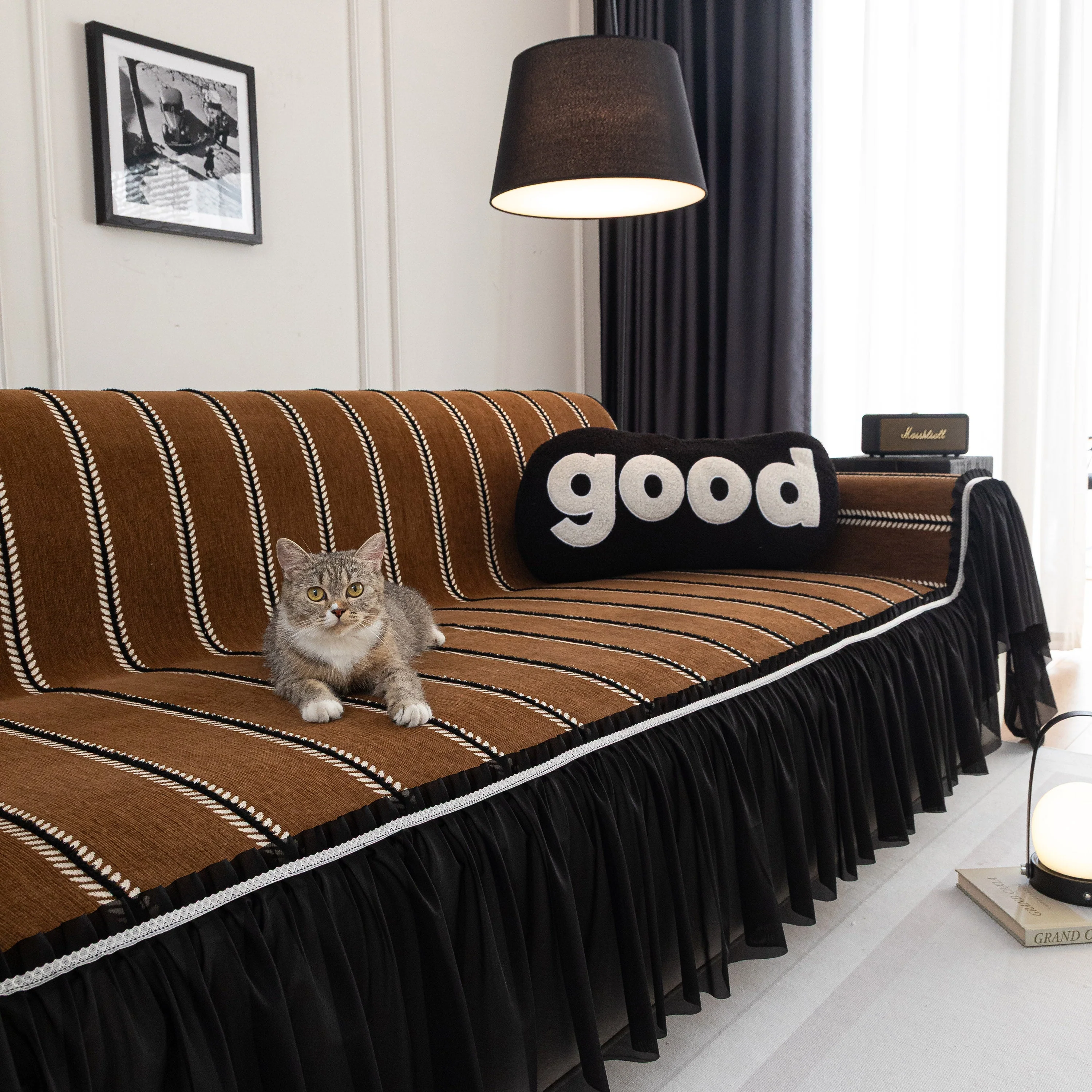 Leaf Stripe Sofa Cover with Black Sheer Skirt, Boho Soft Couch Slipcover for Pets - Image 74