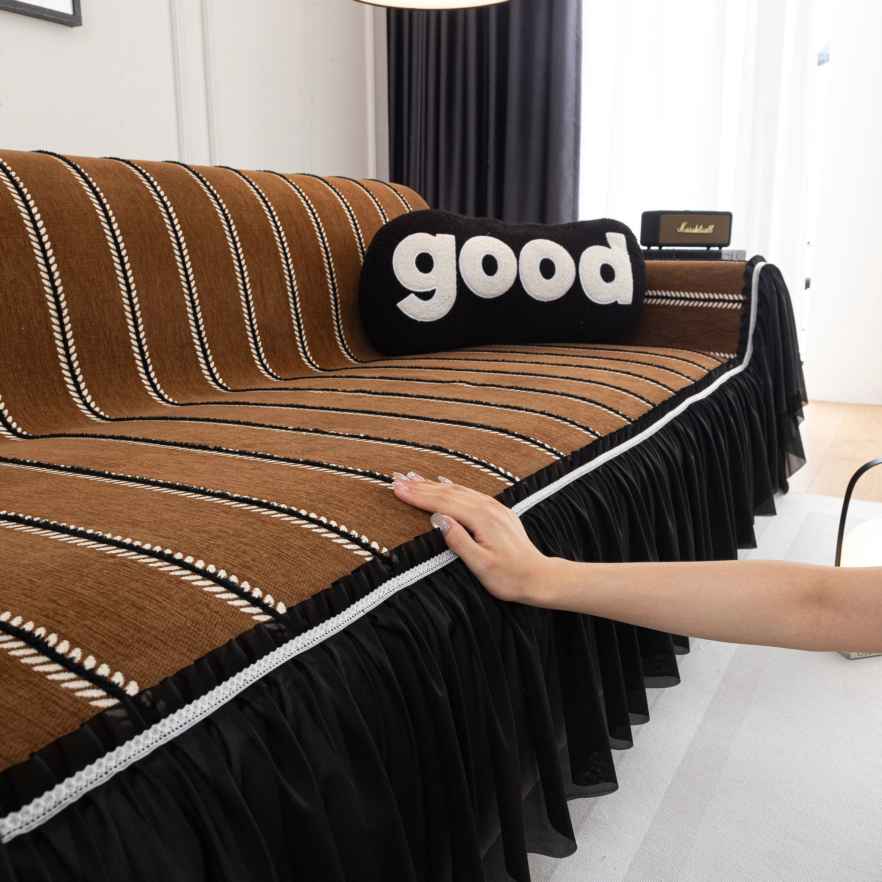 Leaf Stripe Sofa Cover with Black Sheer Skirt, Boho Soft Couch Slipcover for Pets - Image 75