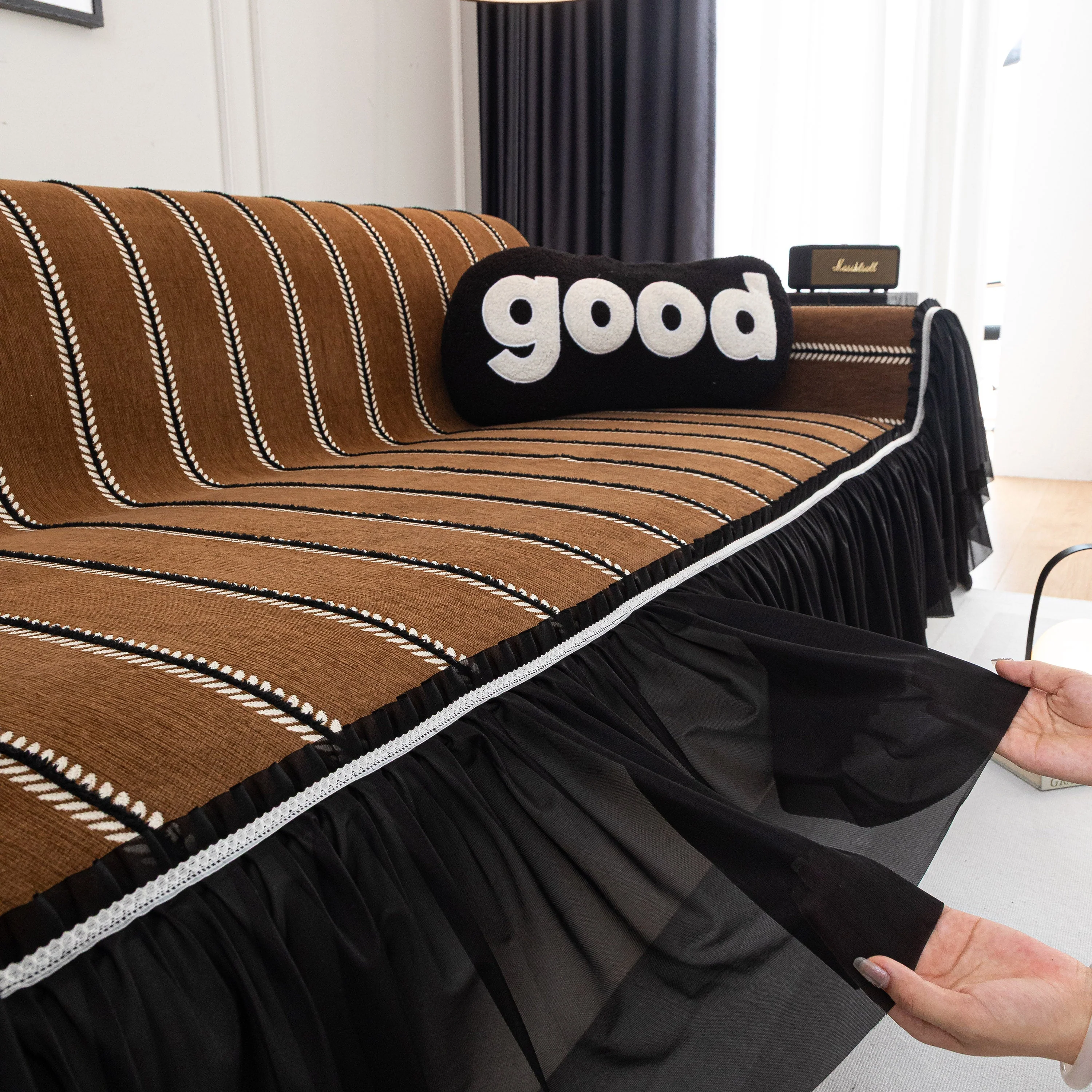 Leaf Stripe Sofa Cover with Black Sheer Skirt, Boho Soft Couch Slipcover for Pets - Image 76