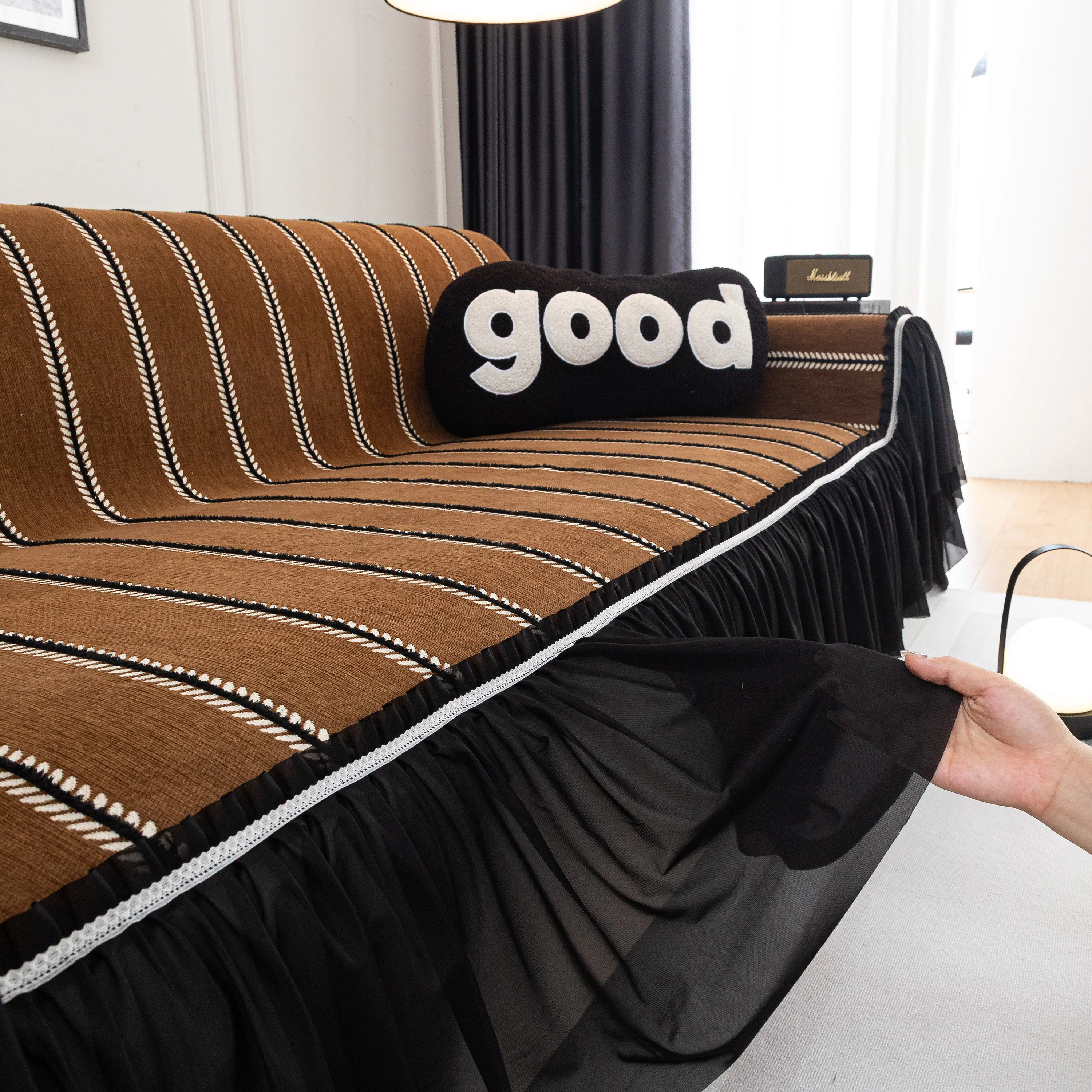 Leaf Stripe Sofa Cover with Black Sheer Skirt, Boho Soft Couch Slipcover for Pets - Image 77