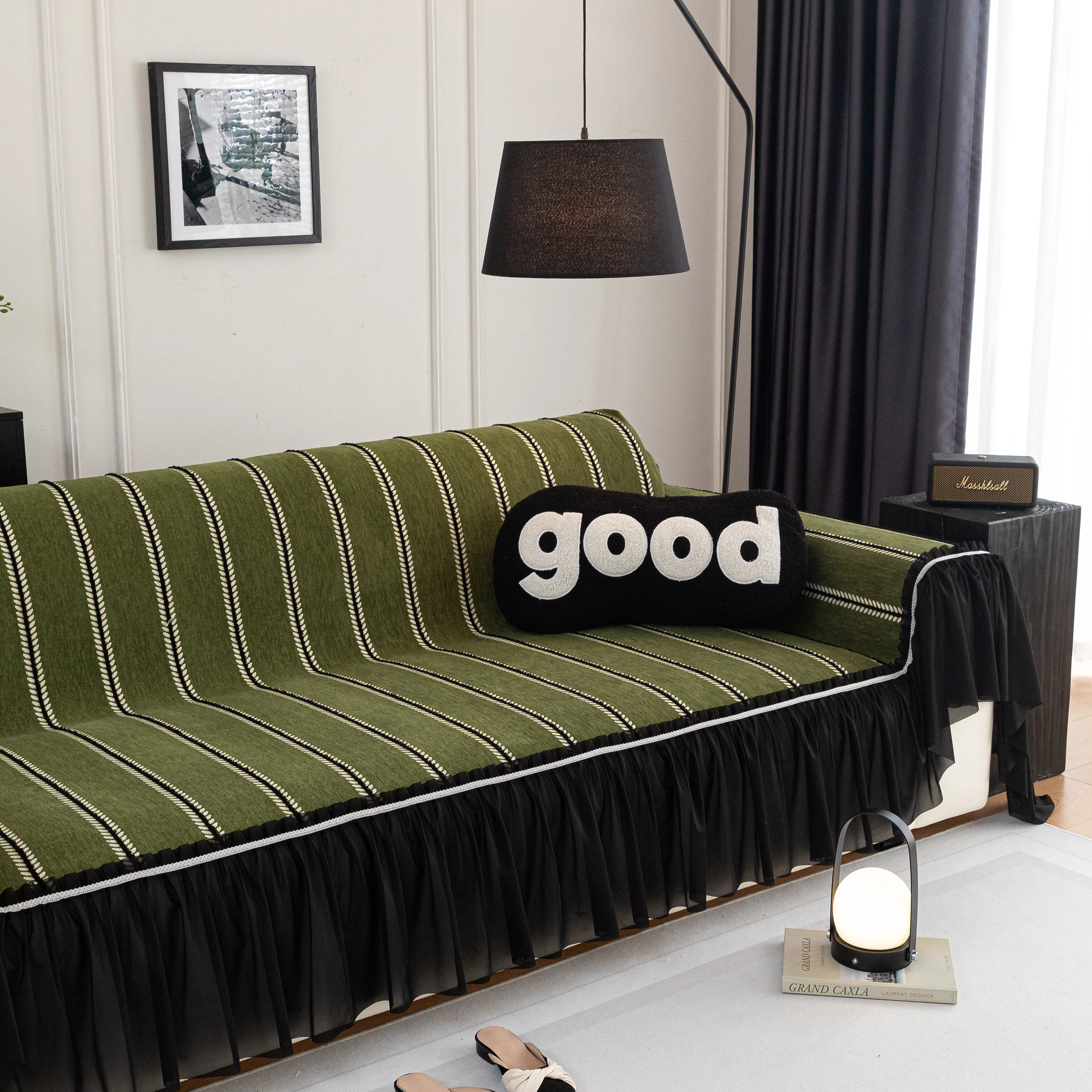 Leaf Stripe Sofa Cover with Black Sheer Skirt, Boho Soft Couch Slipcover for Pets - Image 8