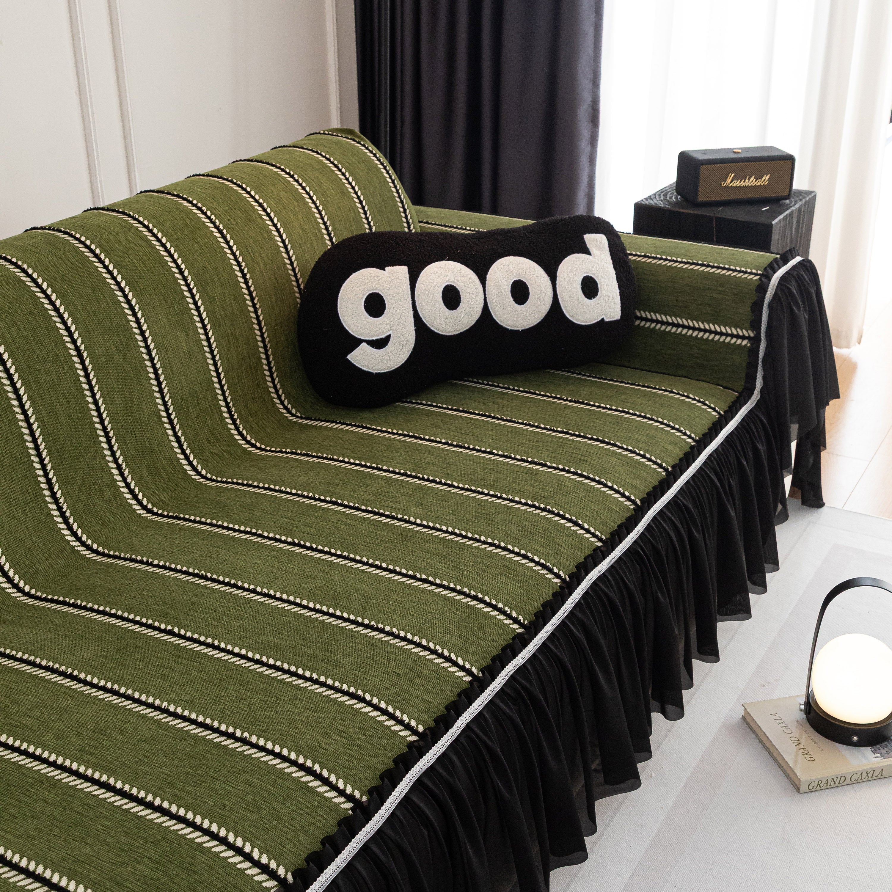 Leaf Stripe Sofa Cover with Black Sheer Skirt, Boho Soft Couch Slipcover for Pets - Image 9