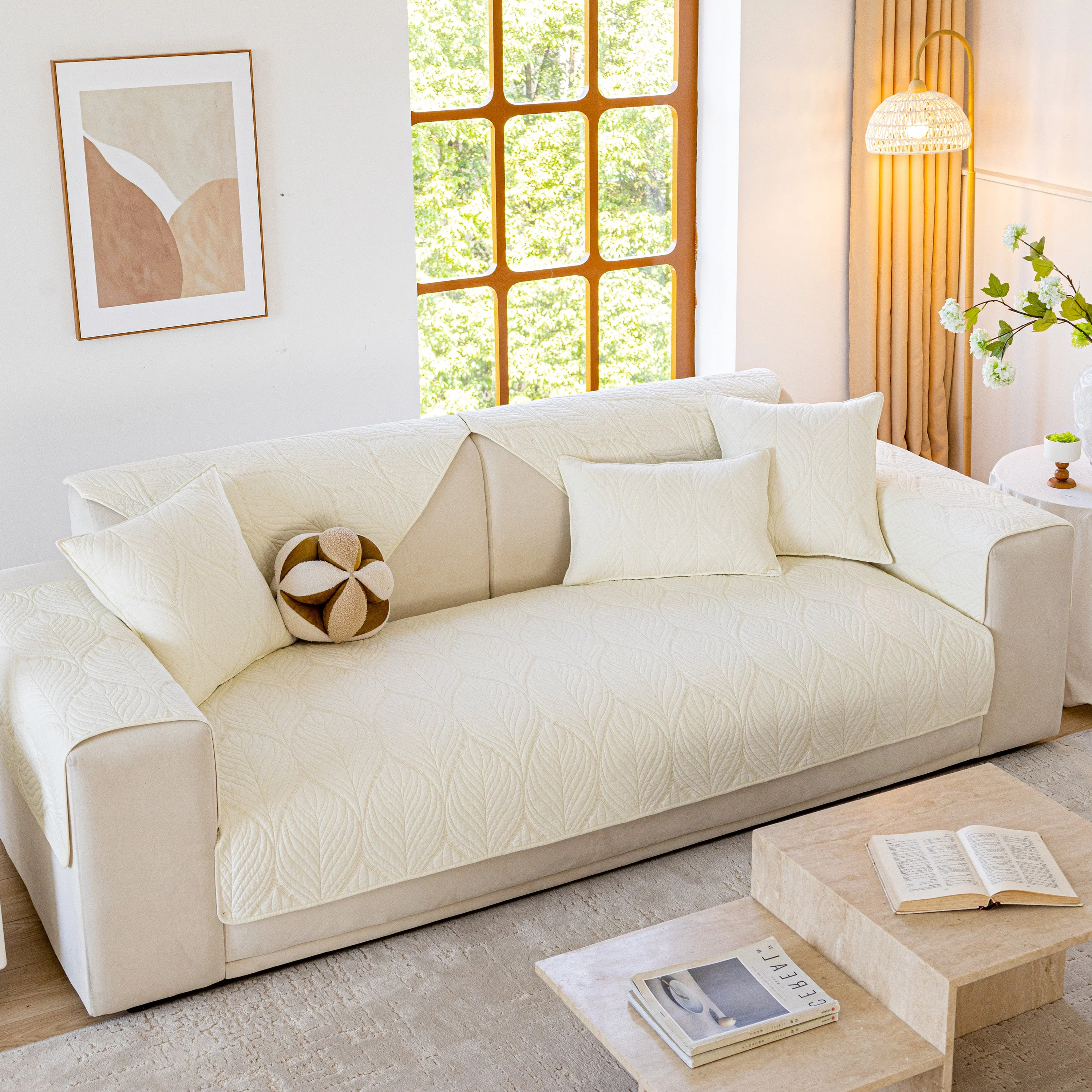 Leaf Vein Textured Cotton Quilted Sofa Slipcover, Non-Slip Modular Couch Covers - Image 16