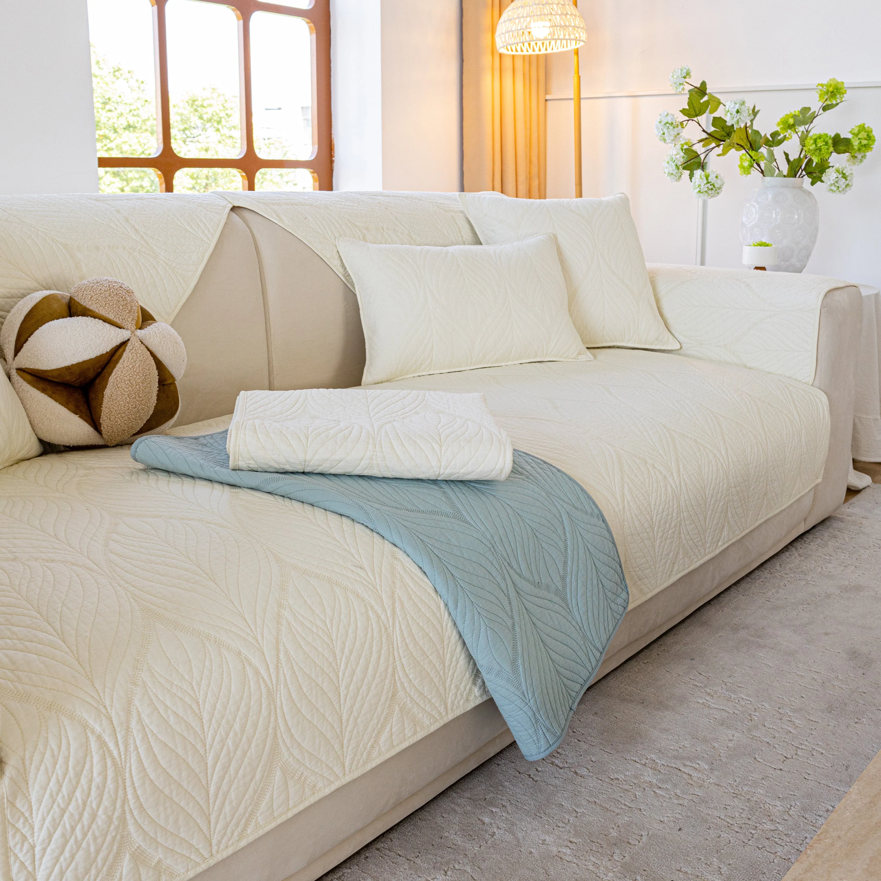 Leaf Vein Textured Cotton Quilted Sofa Slipcover, Non-Slip Modular Couch Covers - Image 17
