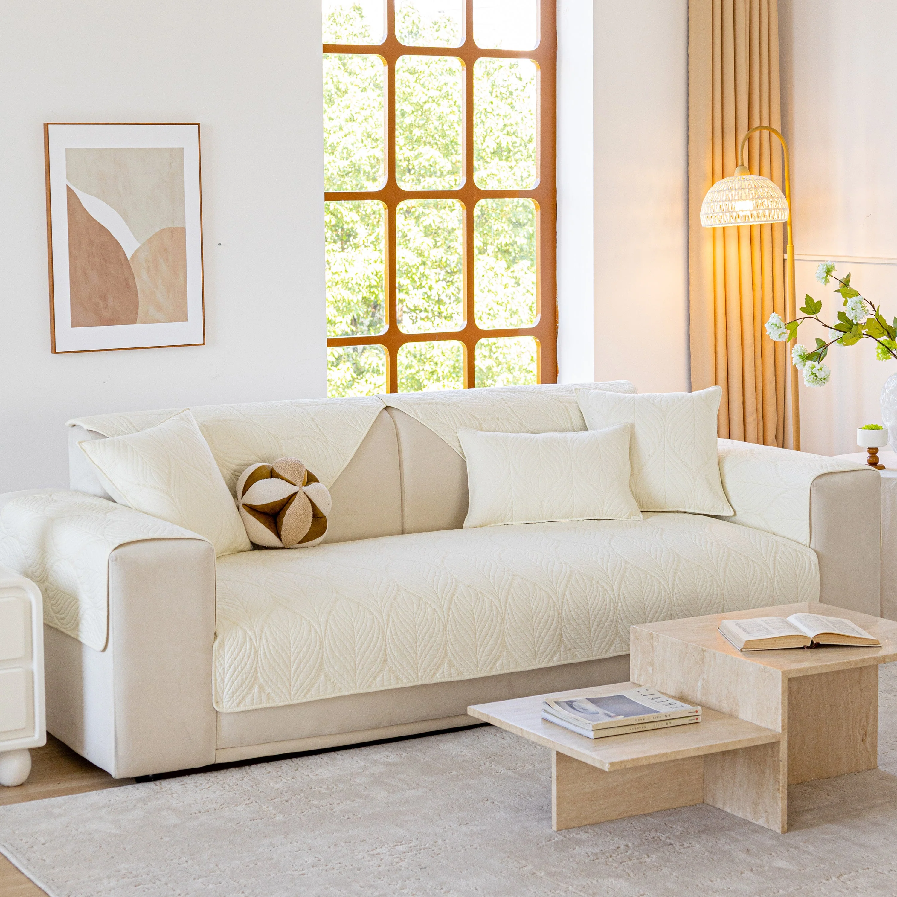 Leaf Vein Textured Cotton Quilted Sofa Slipcover, Non-Slip Modular Couch Covers - Image 18