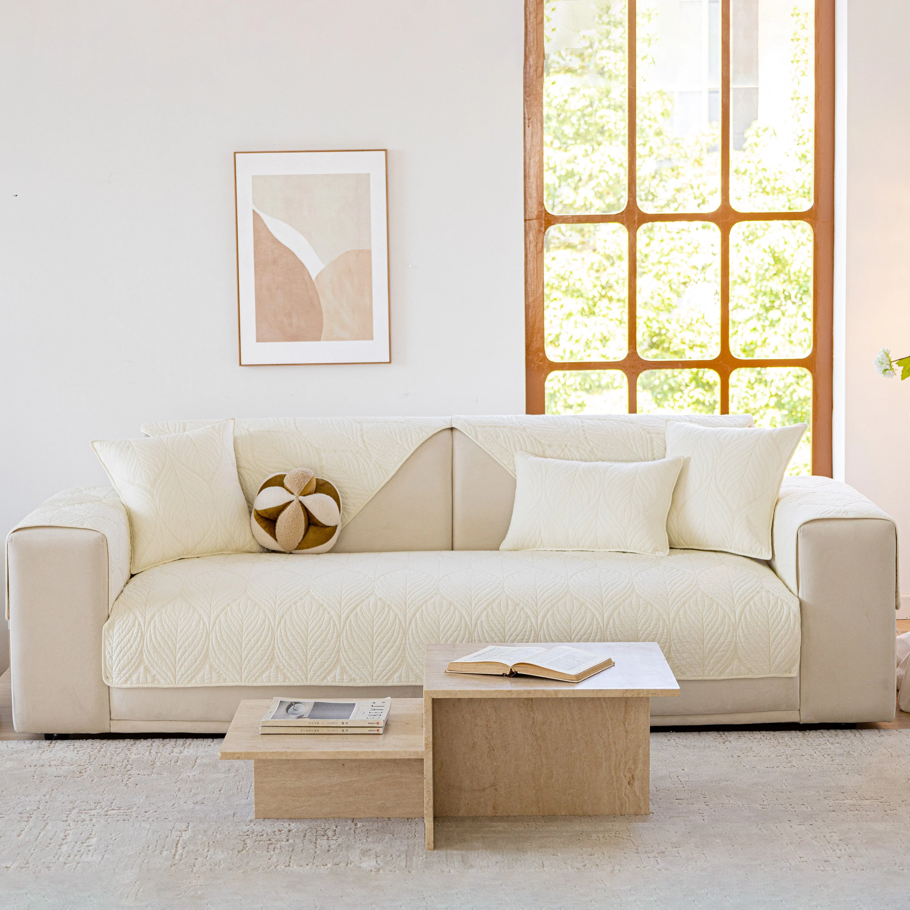 Leaf Vein Textured Cotton Quilted Sofa Slipcover, Non-Slip Modular Couch Covers - Image 19