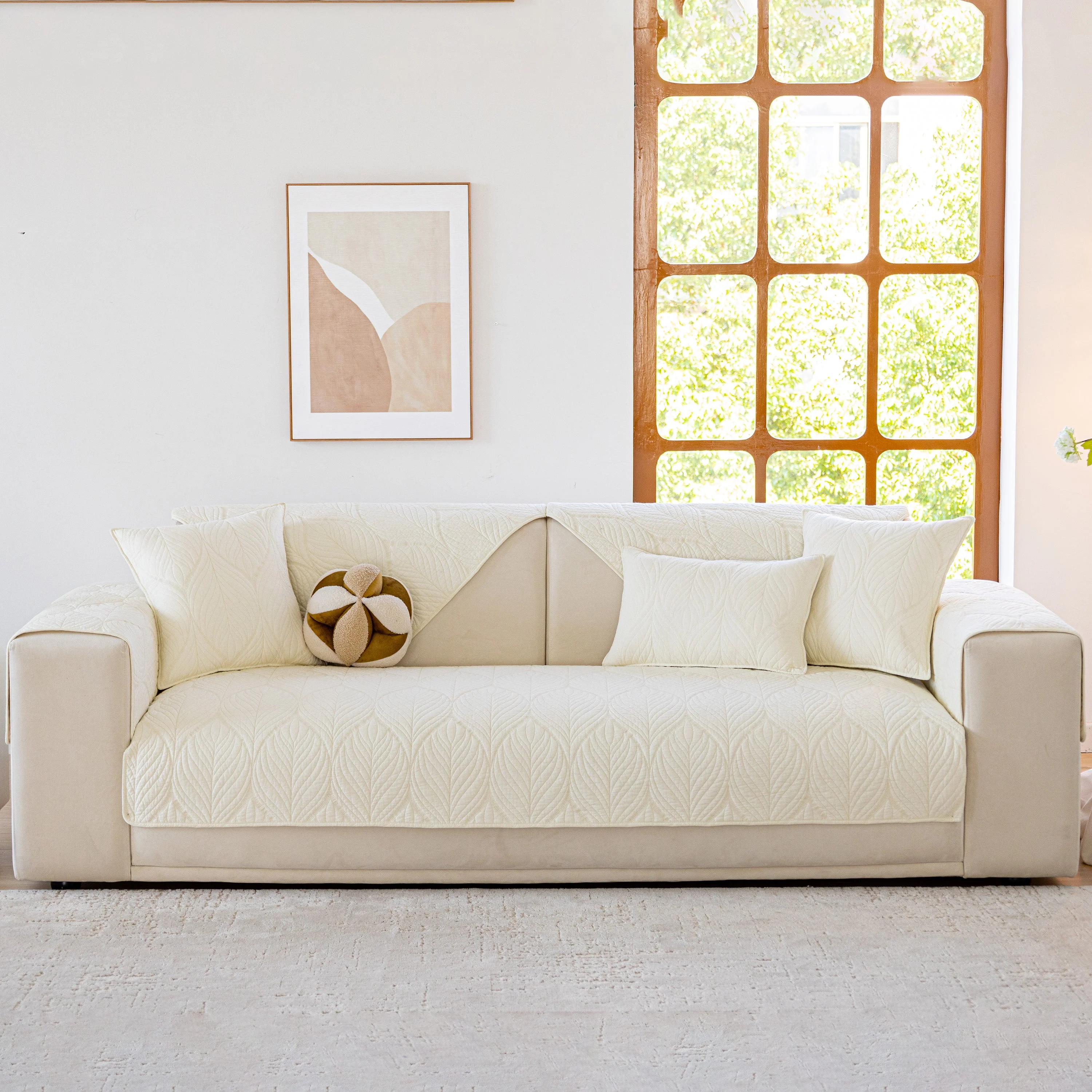 Leaf Vein Textured Cotton Quilted Sofa Slipcover, Non-Slip Modular Couch Covers - Image 2