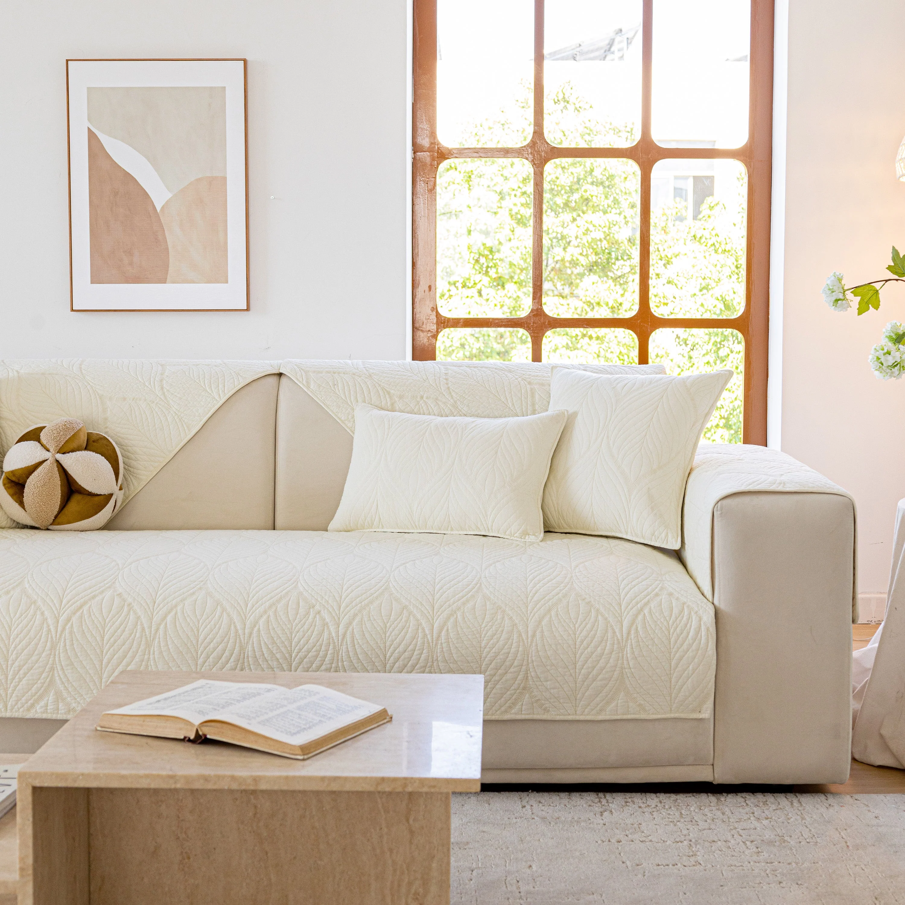 Leaf Vein Textured Cotton Quilted Sofa Slipcover, Non-Slip Modular Couch Covers - Image 20