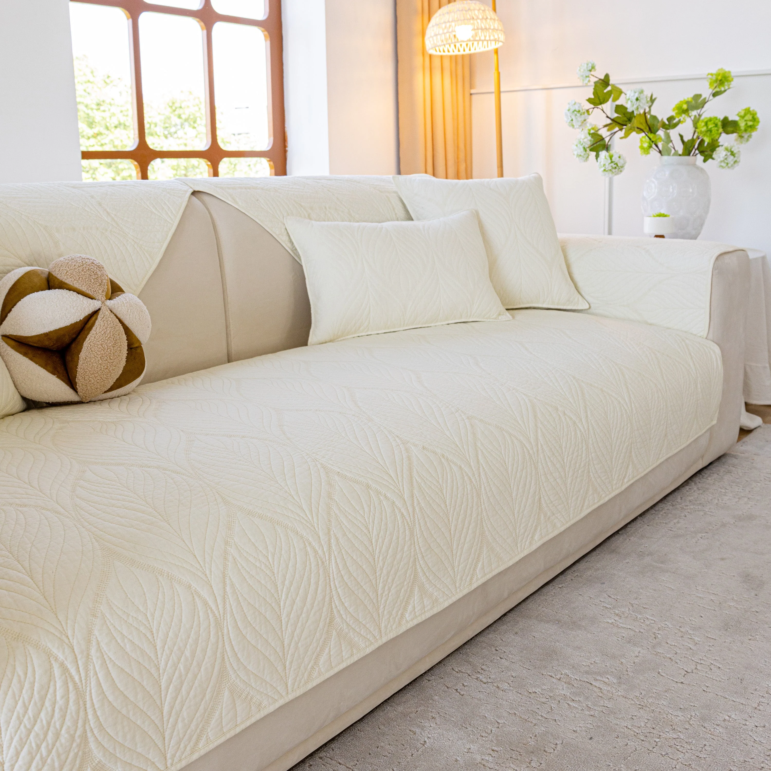 Leaf Vein Textured Cotton Quilted Sofa Slipcover, Non-Slip Modular Couch Covers - Image 22