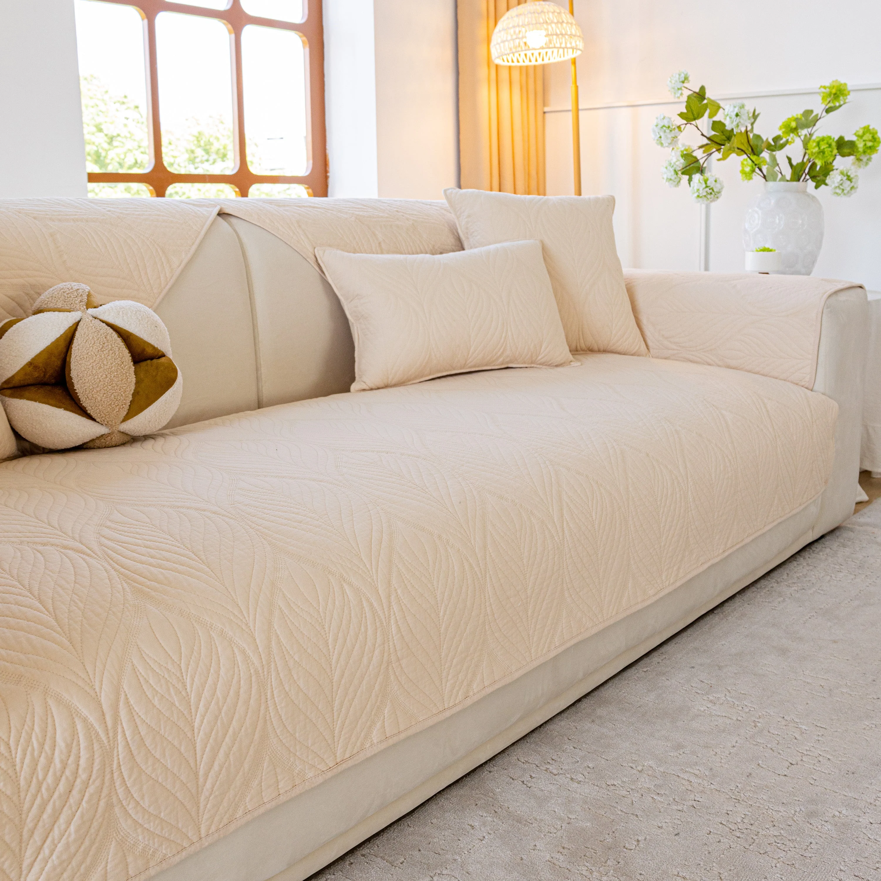 Leaf Vein Textured Cotton Quilted Sofa Slipcover, Non-Slip Modular Couch Covers - Image 23
