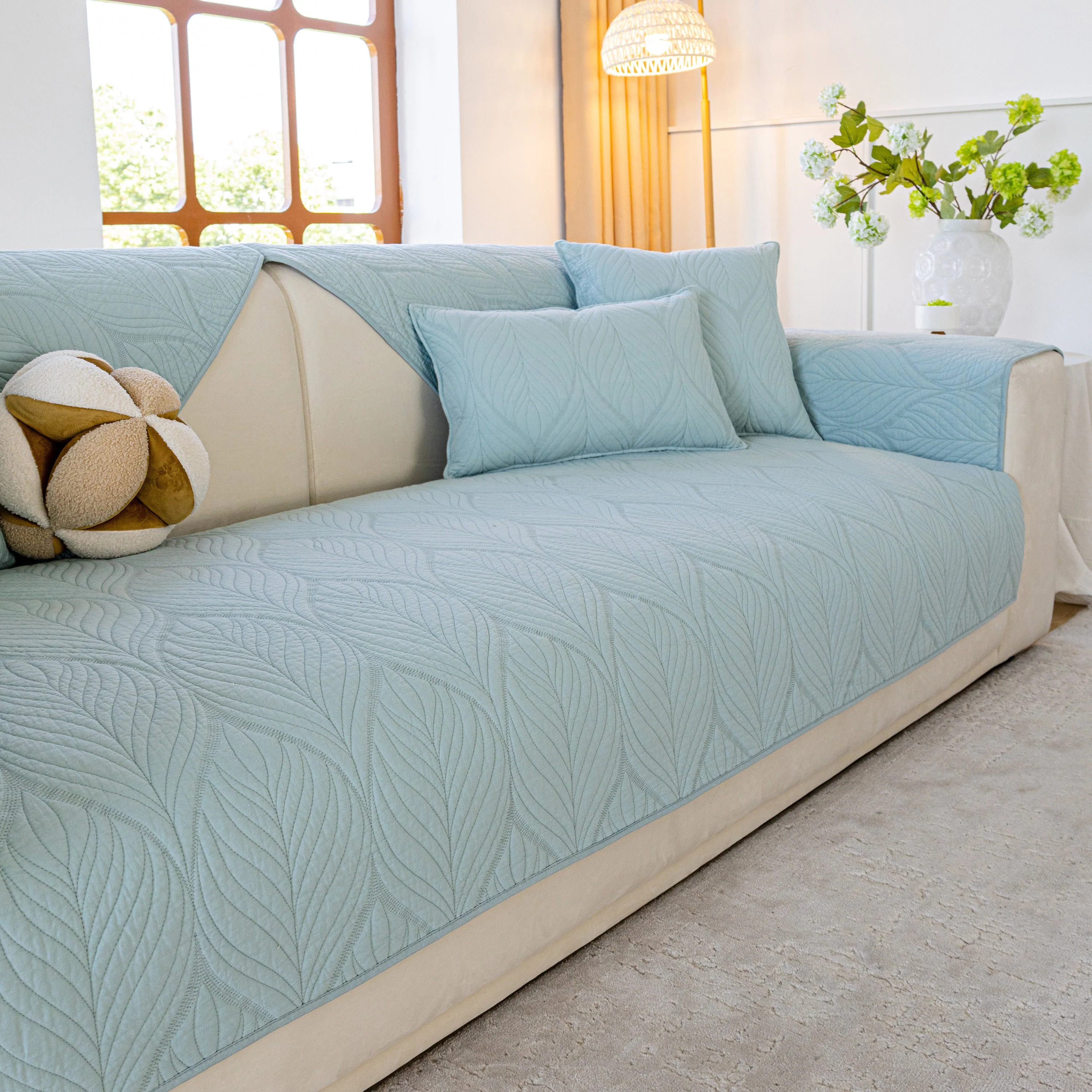 Leaf Vein Textured Cotton Quilted Sofa Slipcover, Non-Slip Modular Couch Covers - Image 24