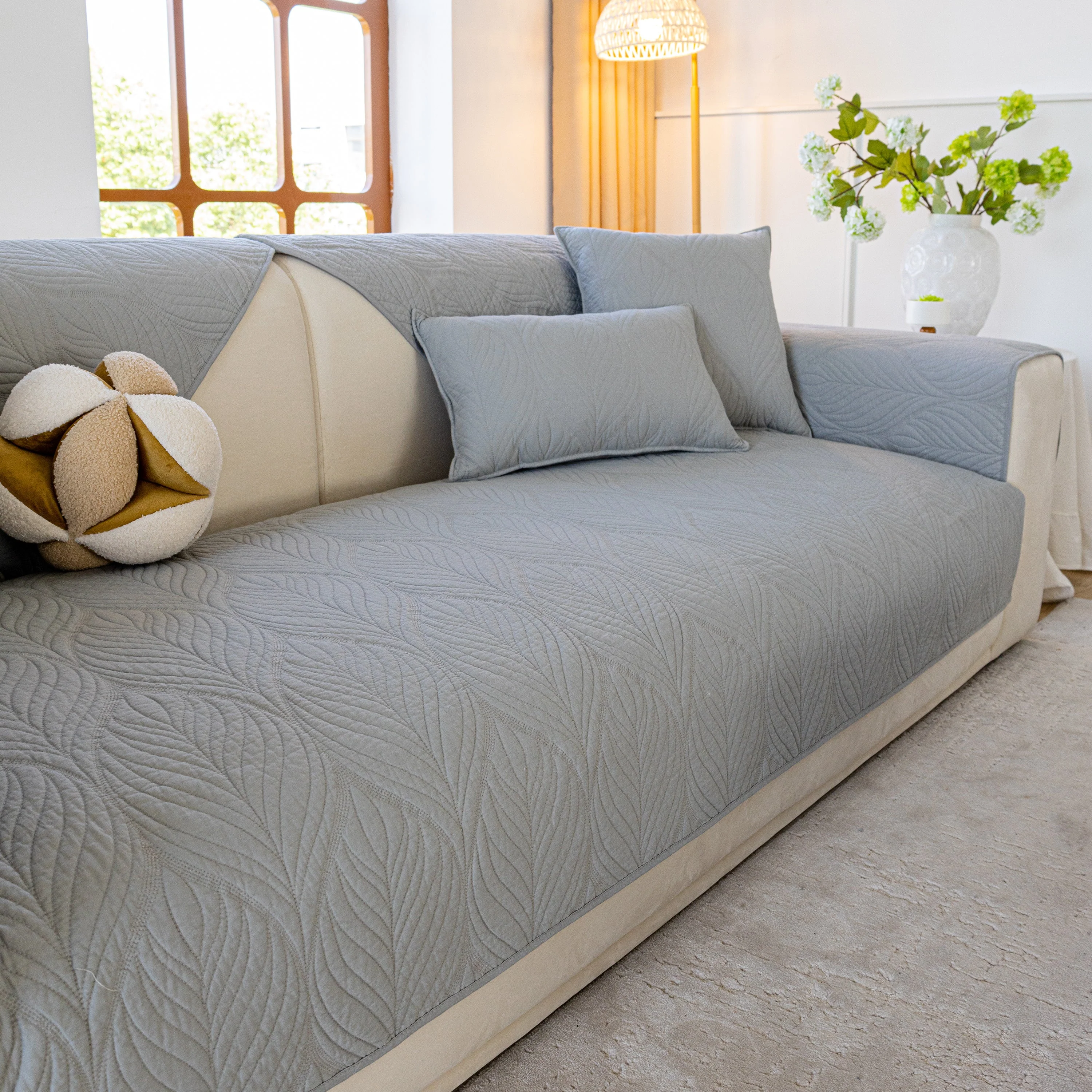 Leaf Vein Textured Cotton Quilted Sofa Slipcover, Non-Slip Modular Couch Covers - Image 25