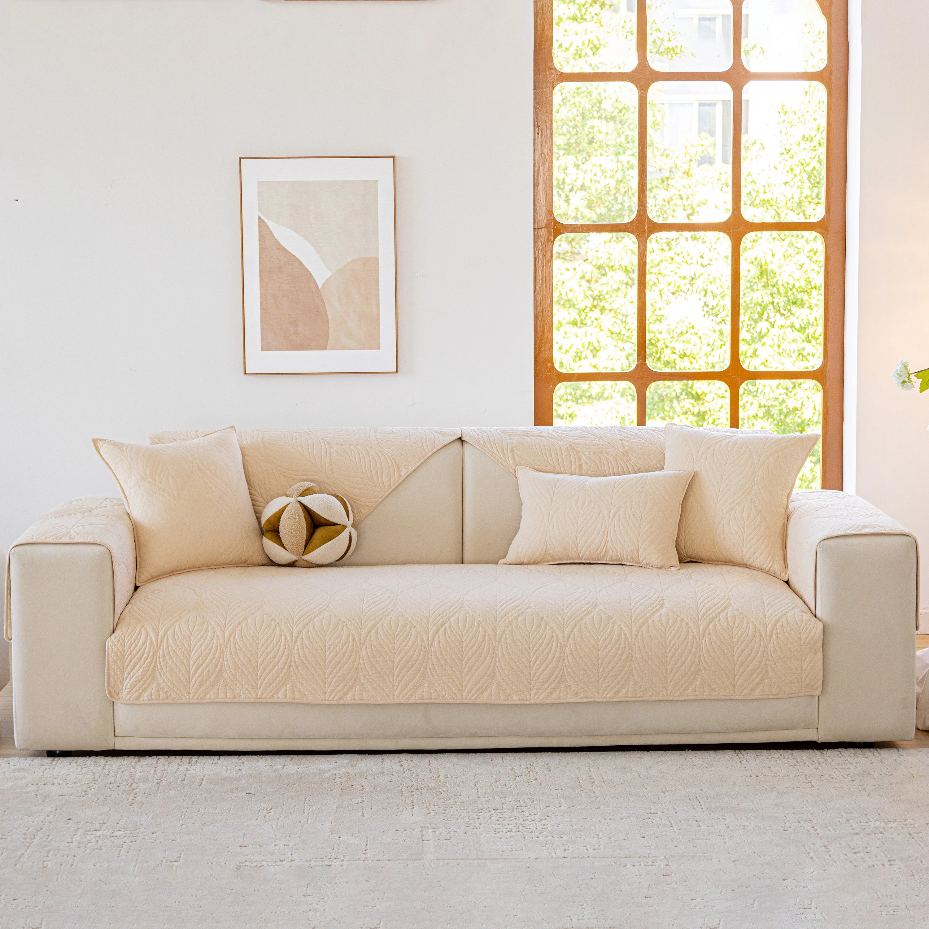 Leaf Vein Textured Cotton Quilted Sofa Slipcover, Non-Slip Modular Couch Covers - Image 26