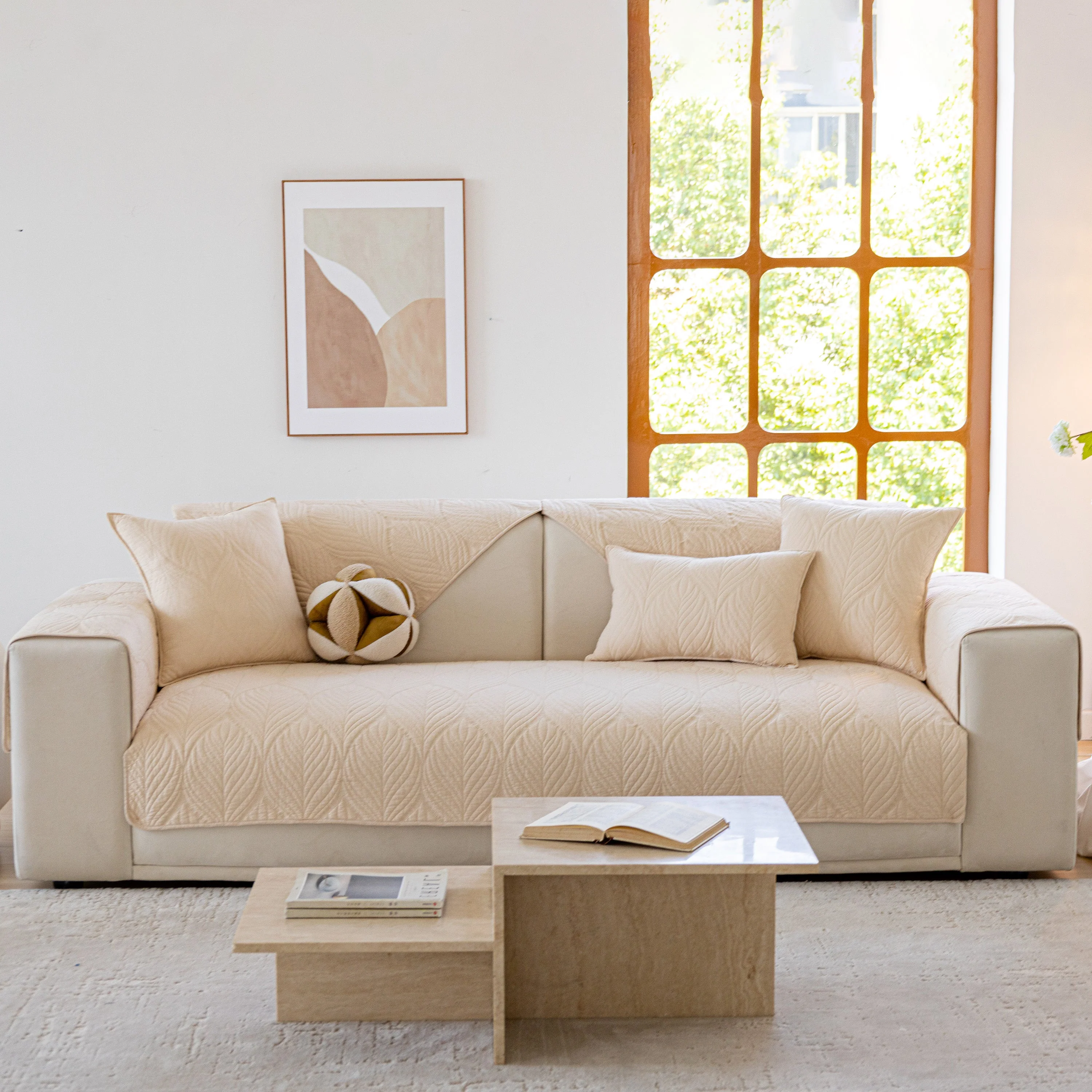 Leaf Vein Textured Cotton Quilted Sofa Slipcover, Non-Slip Modular Couch Covers - Image 28