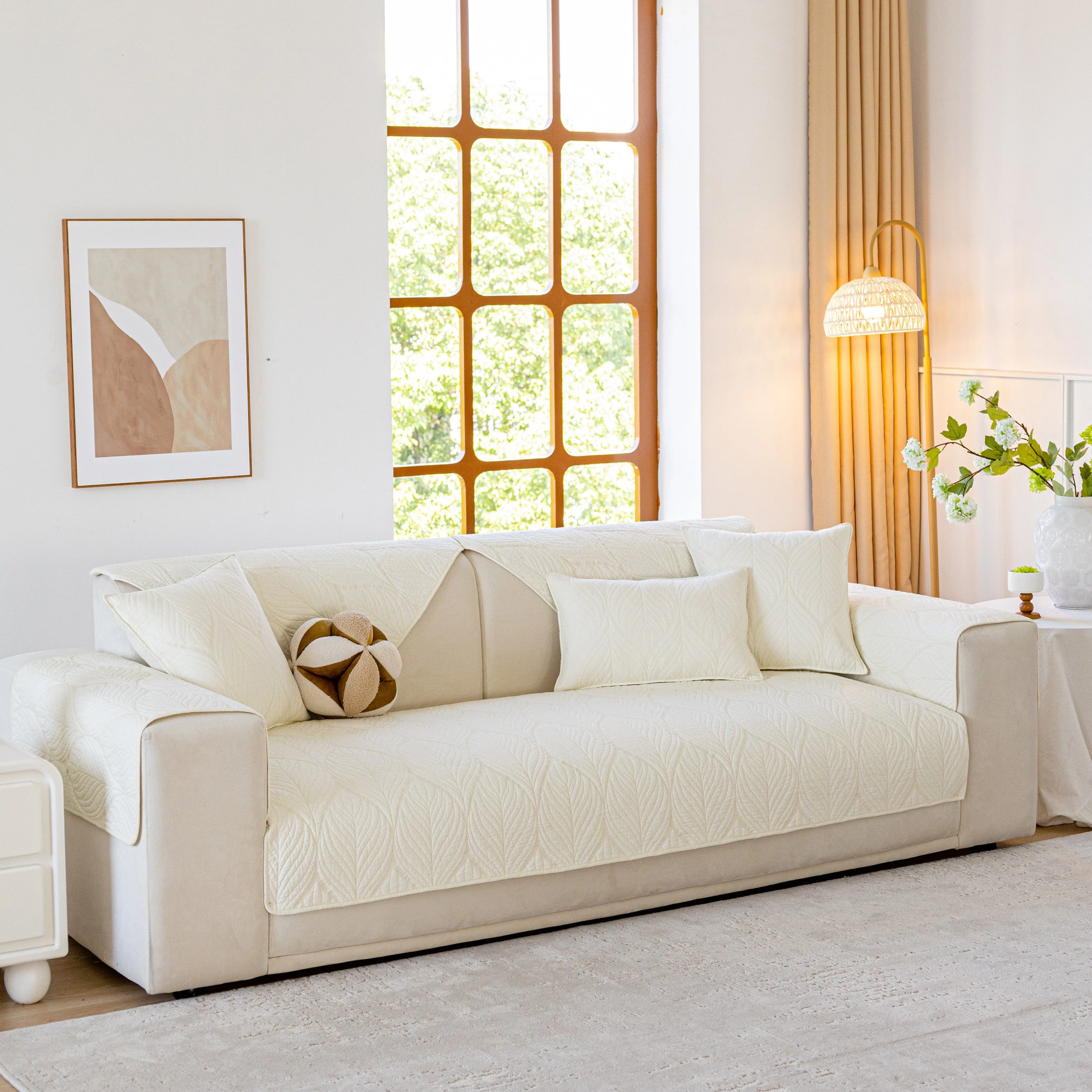Leaf Vein Textured Cotton Quilted Sofa Slipcover, Non-Slip Modular Couch Covers - Image 3