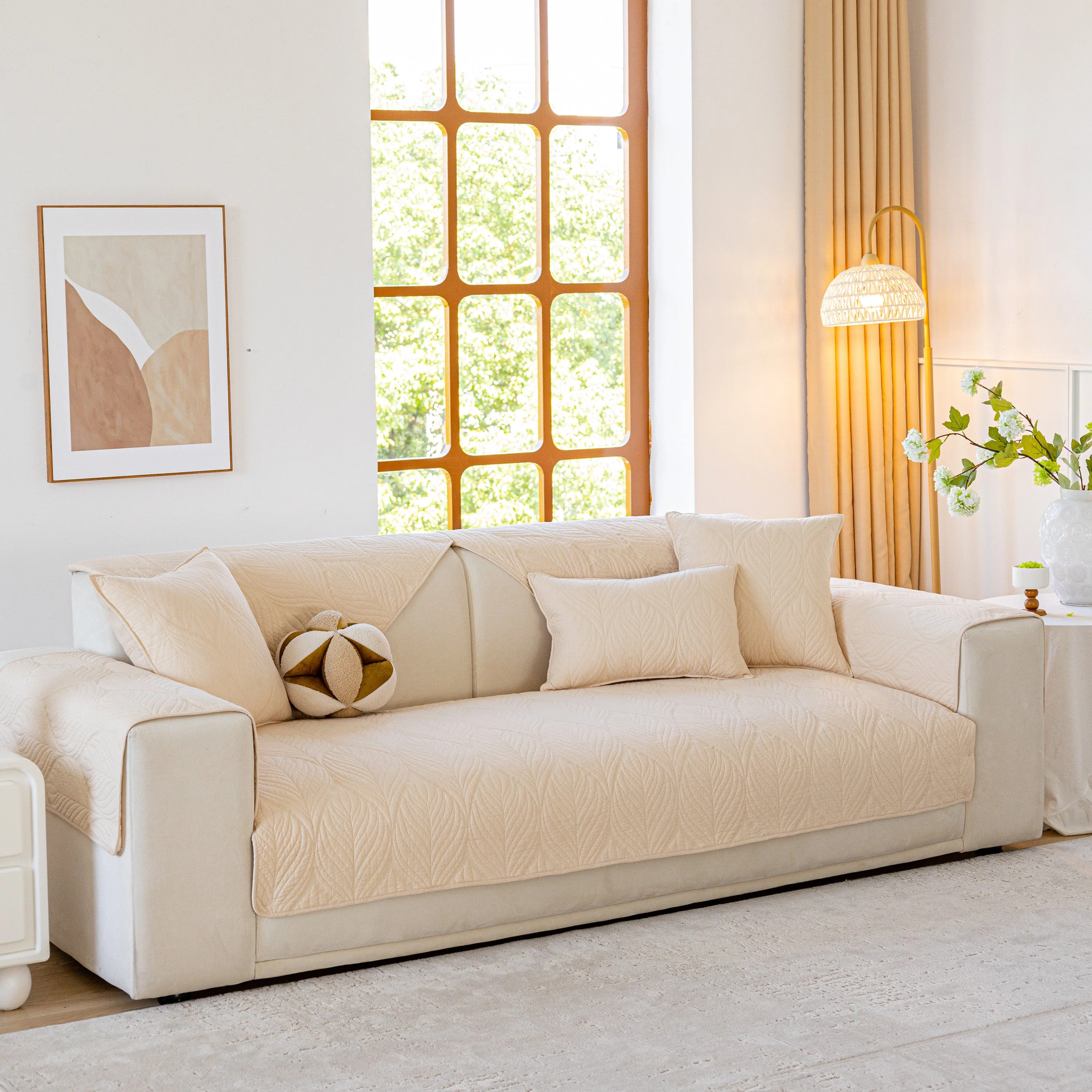 Leaf Vein Textured Cotton Quilted Sofa Slipcover, Non-Slip Modular Couch Covers - Image 33