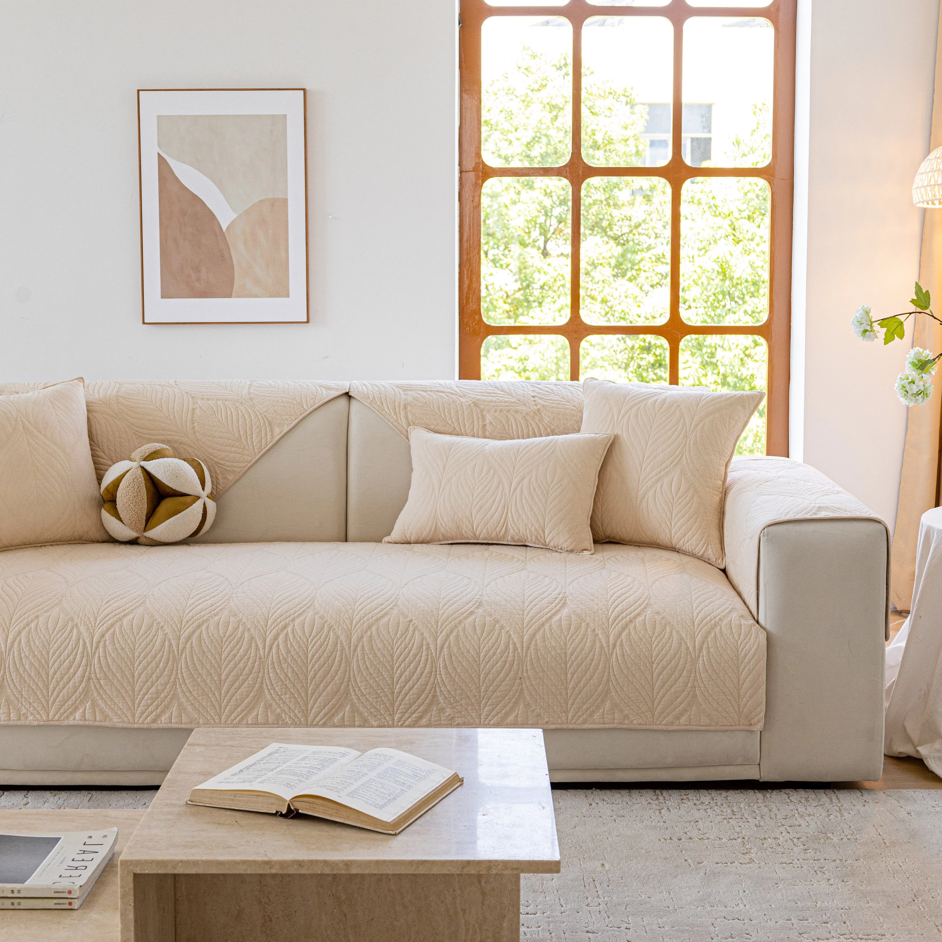 Leaf Vein Textured Cotton Quilted Sofa Slipcover, Non-Slip Modular Couch Covers - Image 35
