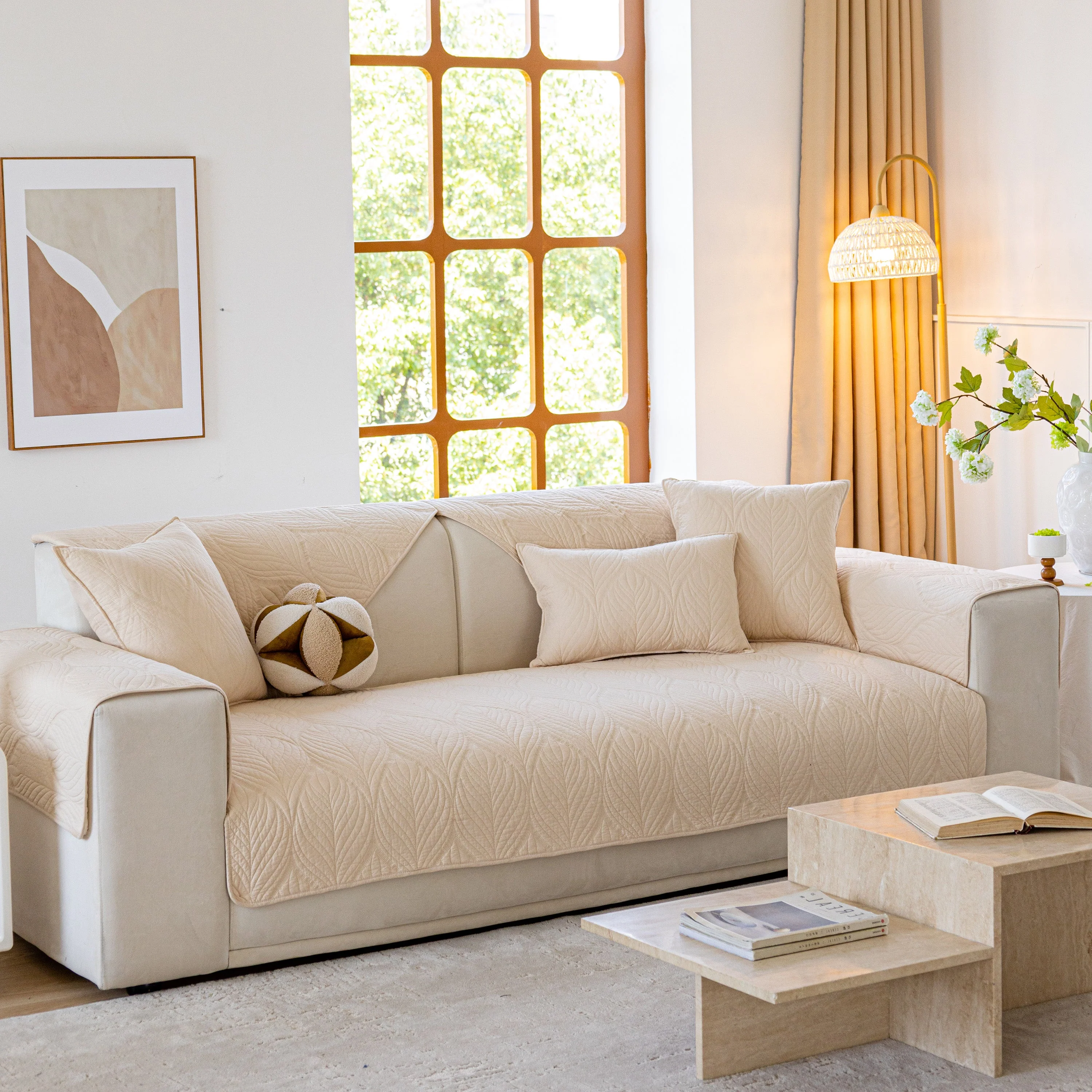 Leaf Vein Textured Cotton Quilted Sofa Slipcover, Non-Slip Modular Couch Covers - Image 36