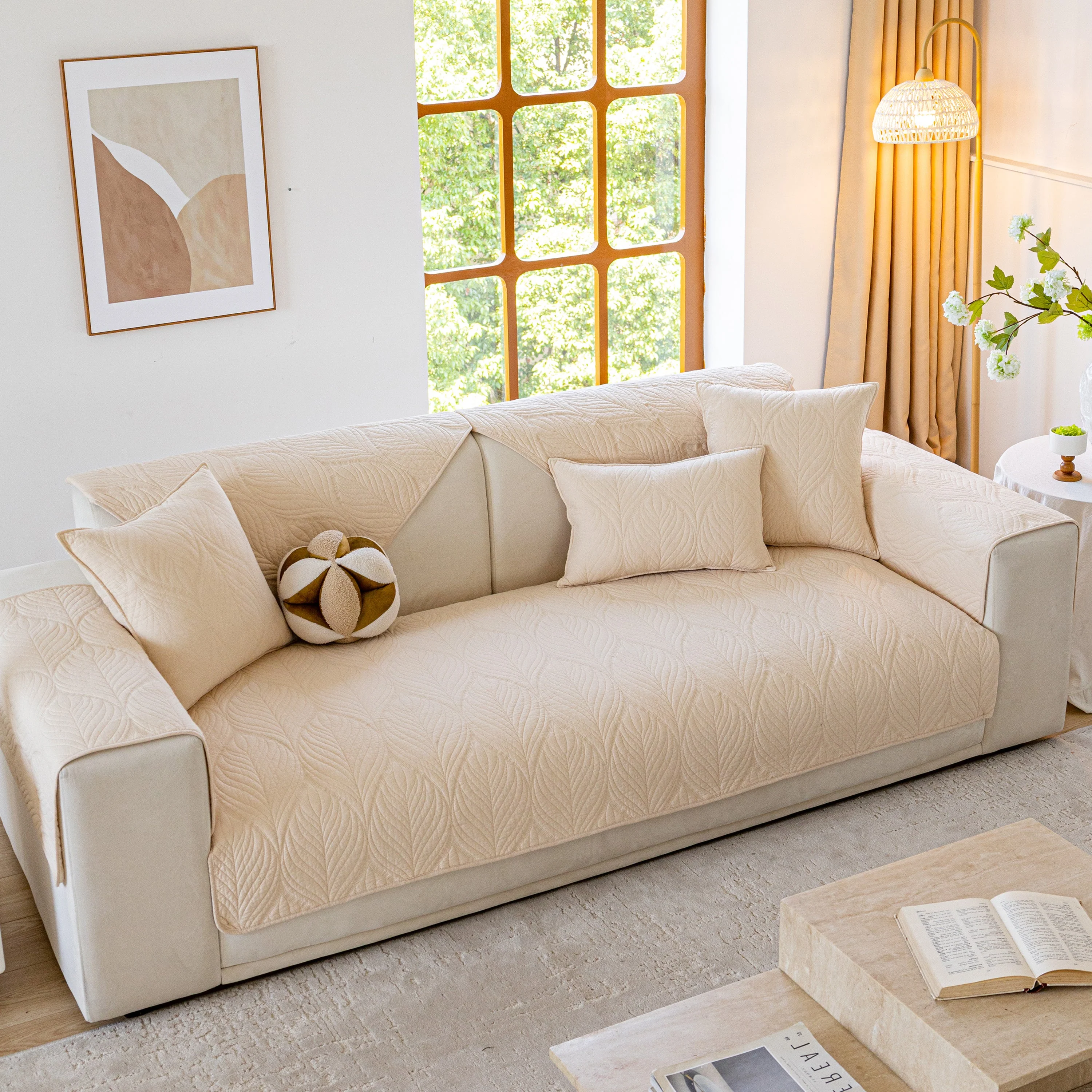 Leaf Vein Textured Cotton Quilted Sofa Slipcover, Non-Slip Modular Couch Covers - Image 37