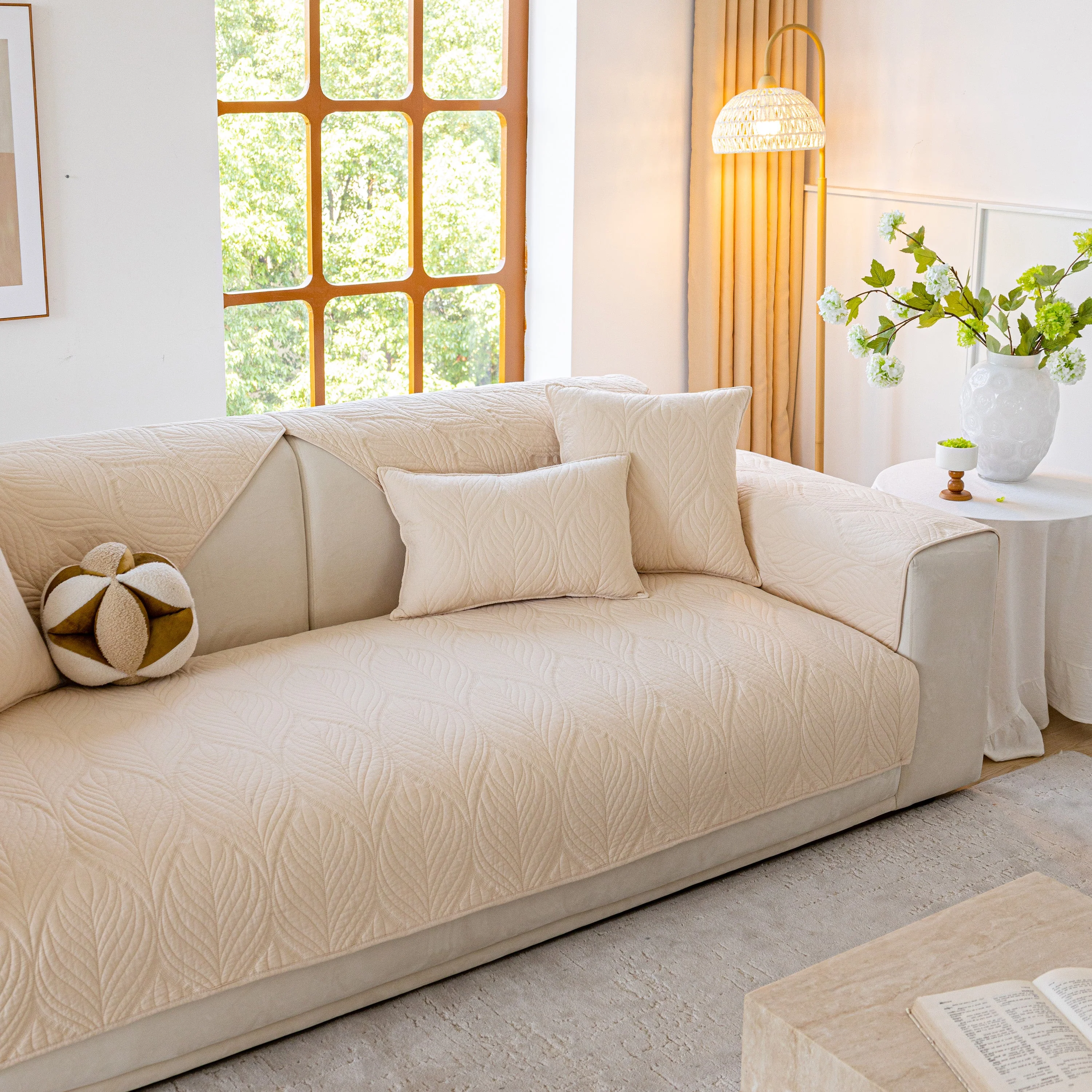 Leaf Vein Textured Cotton Quilted Sofa Slipcover, Non-Slip Modular Couch Covers - Image 38