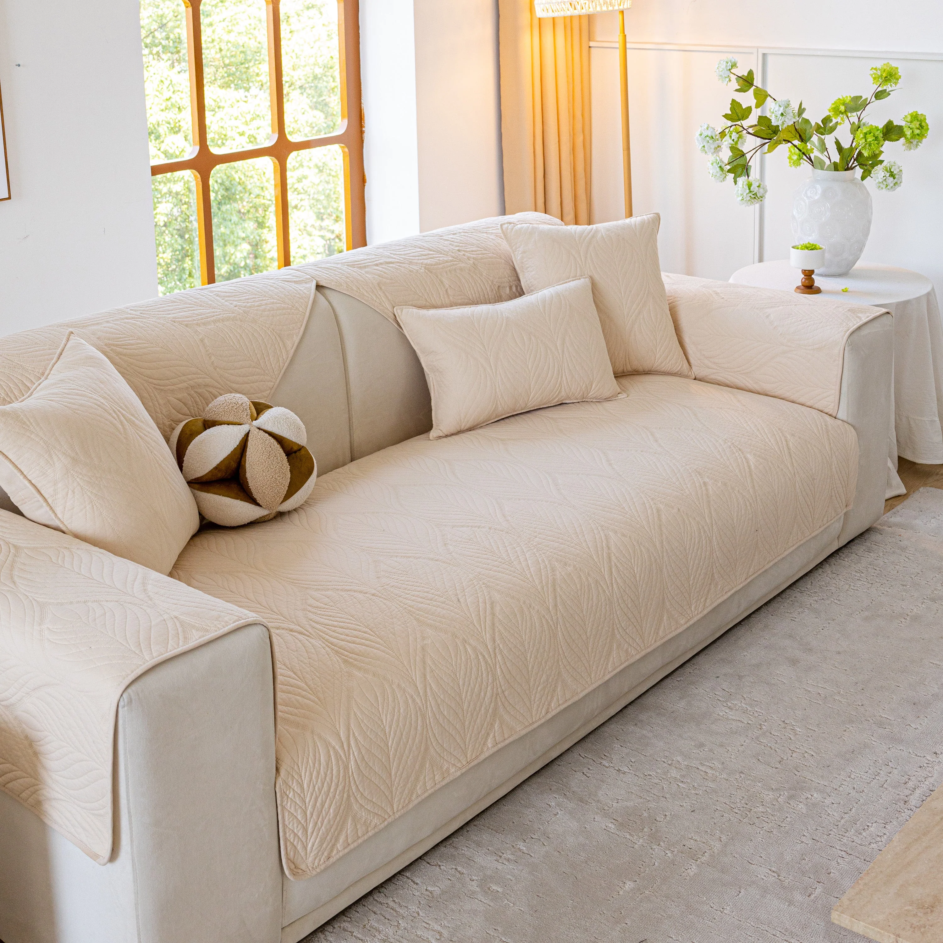 Leaf Vein Textured Cotton Quilted Sofa Slipcover, Non-Slip Modular Couch Covers - Image 39