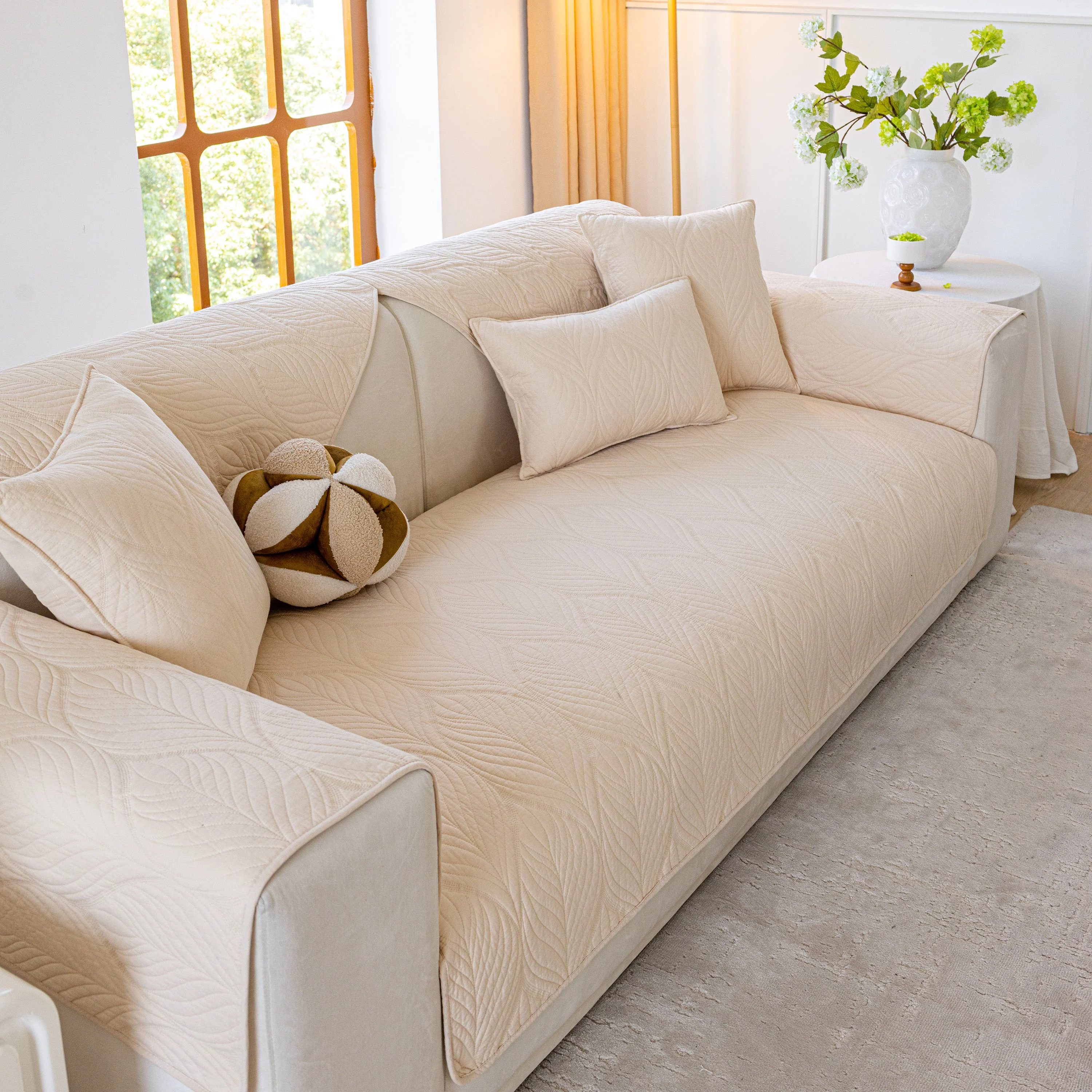 Leaf Vein Textured Cotton Quilted Sofa Slipcover, Non-Slip Modular Couch Covers - Image 40