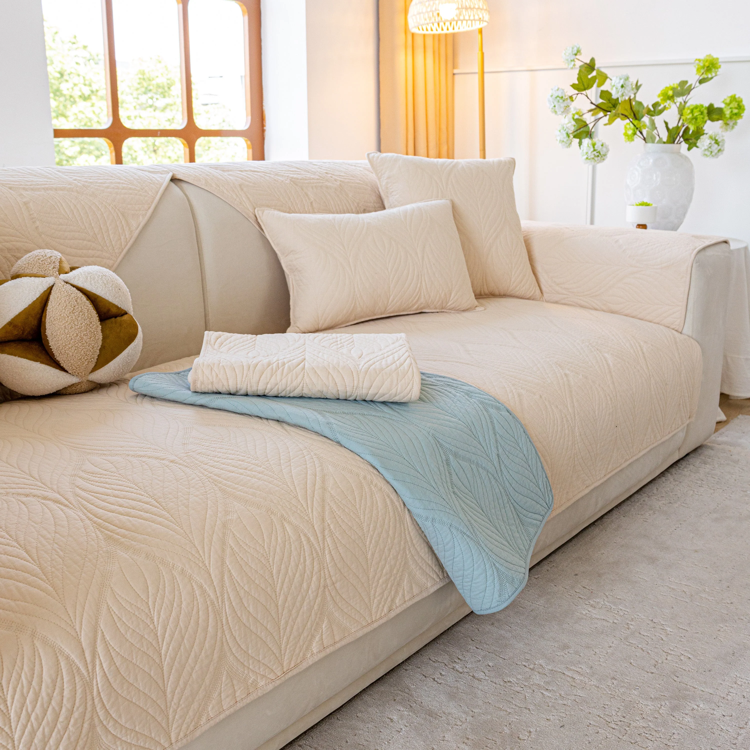 Leaf Vein Textured Cotton Quilted Sofa Slipcover, Non-Slip Modular Couch Covers - Image 41