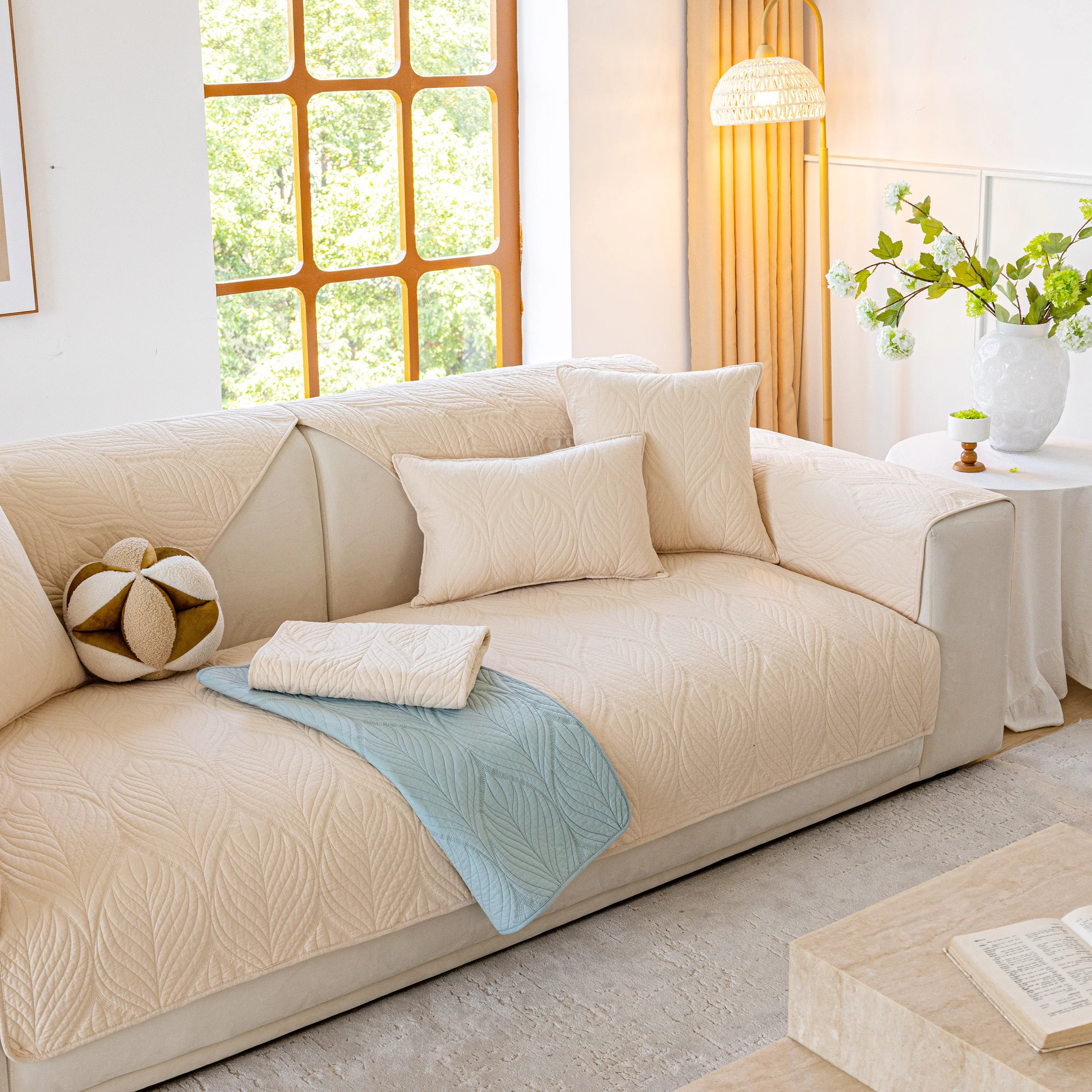Leaf Vein Textured Cotton Quilted Sofa Slipcover, Non-Slip Modular Couch Covers - Image 42