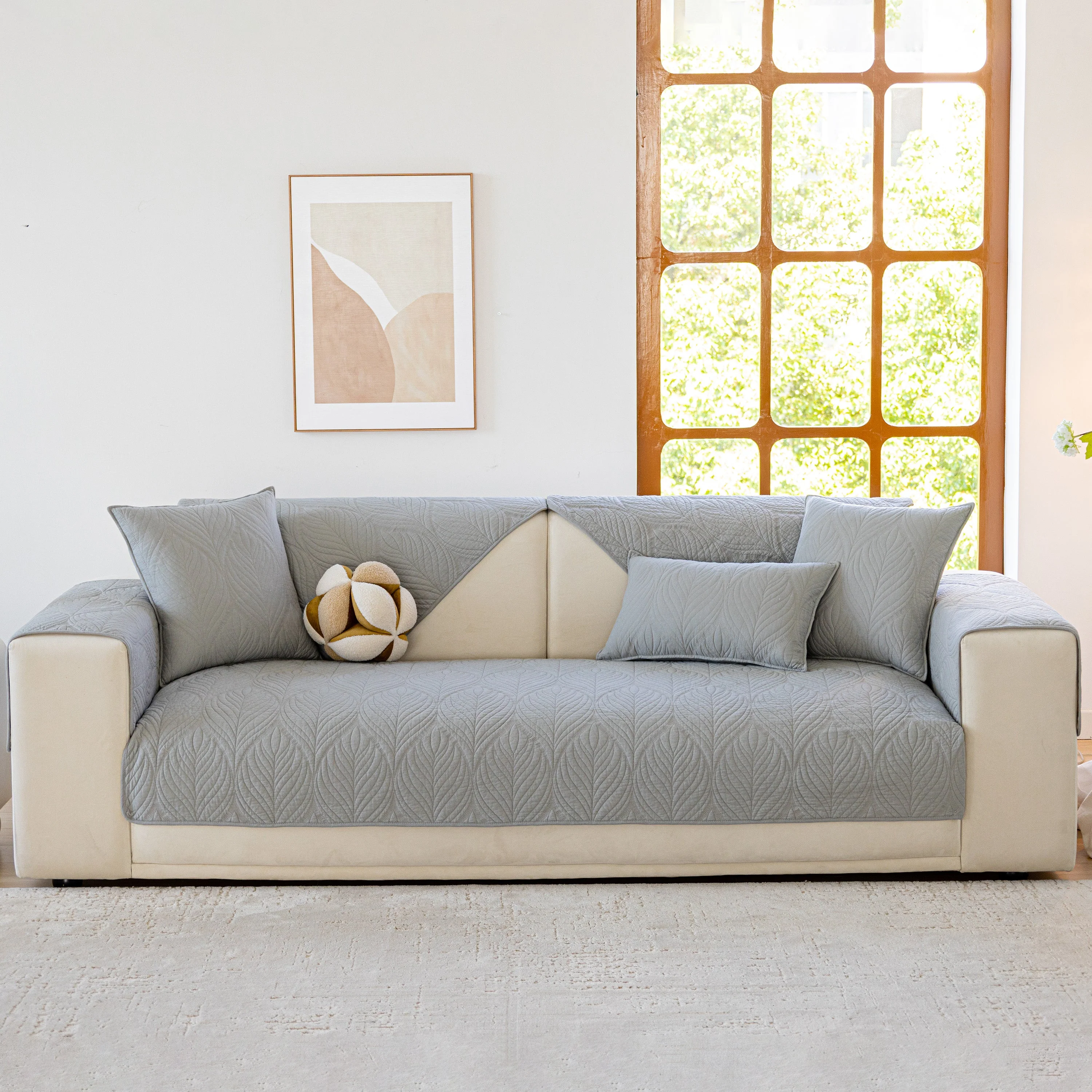 Leaf Vein Textured Cotton Quilted Sofa Slipcover, Non-Slip Modular Couch Covers - Image 47