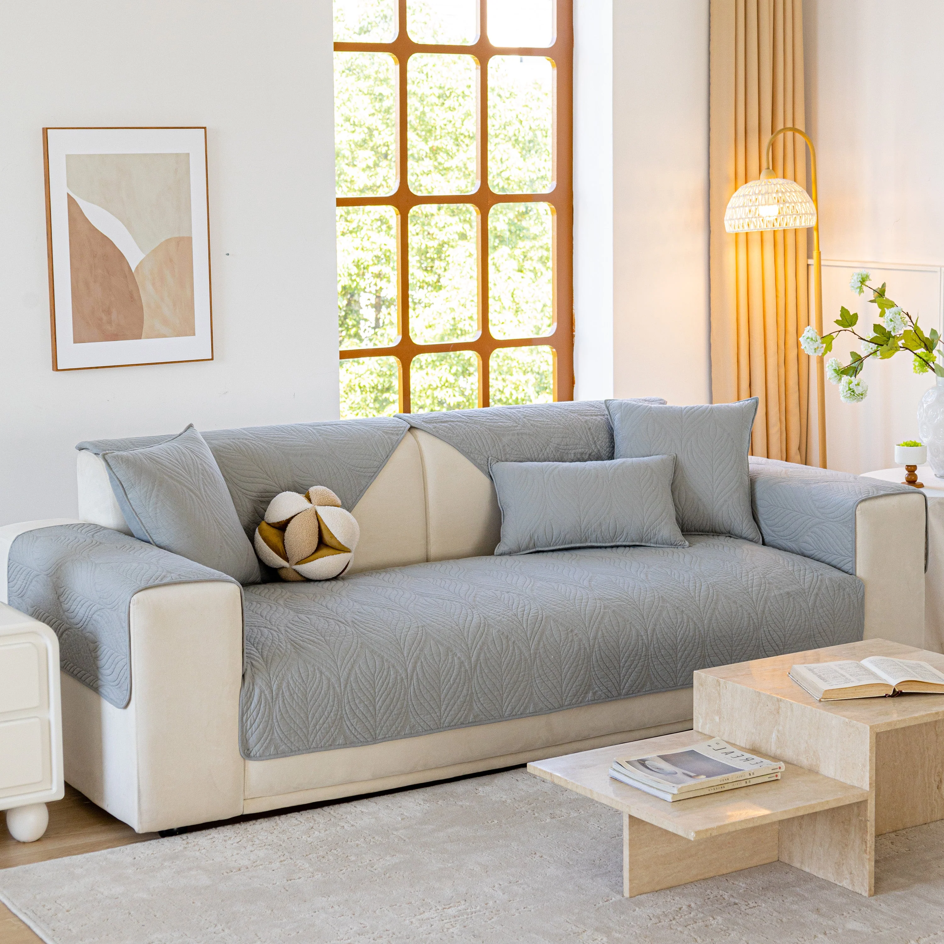Leaf Vein Textured Cotton Quilted Sofa Slipcover, Non-Slip Modular Couch Covers - Image 48