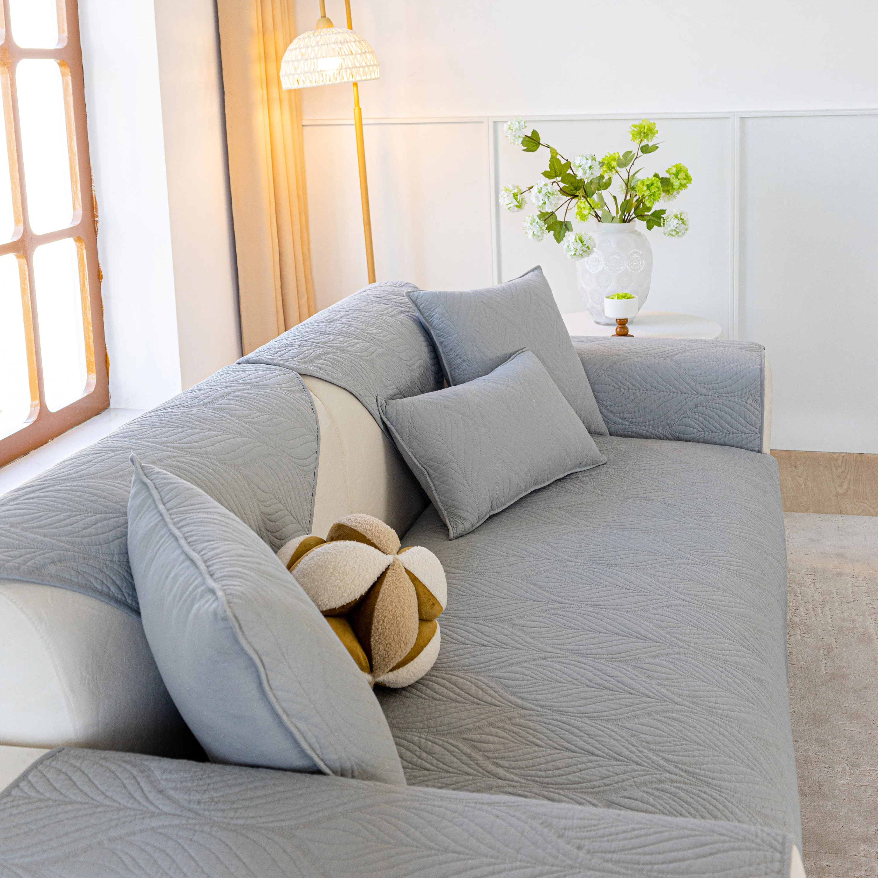 Leaf Vein Textured Cotton Quilted Sofa Slipcover, Non-Slip Modular Couch Covers - Image 49
