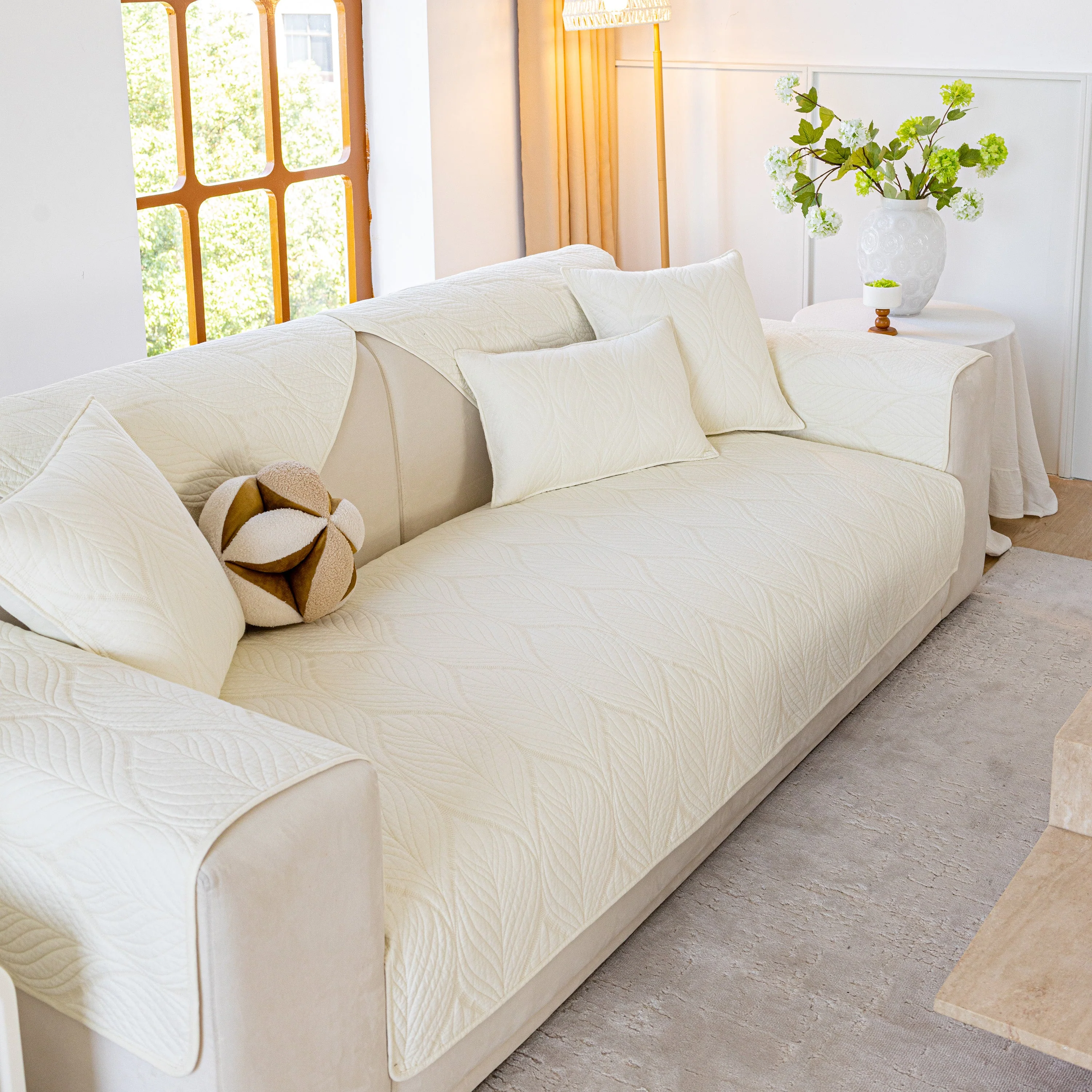 Leaf Vein Textured Cotton Quilted Sofa Slipcover, Non-Slip Modular Couch Covers - Image 5