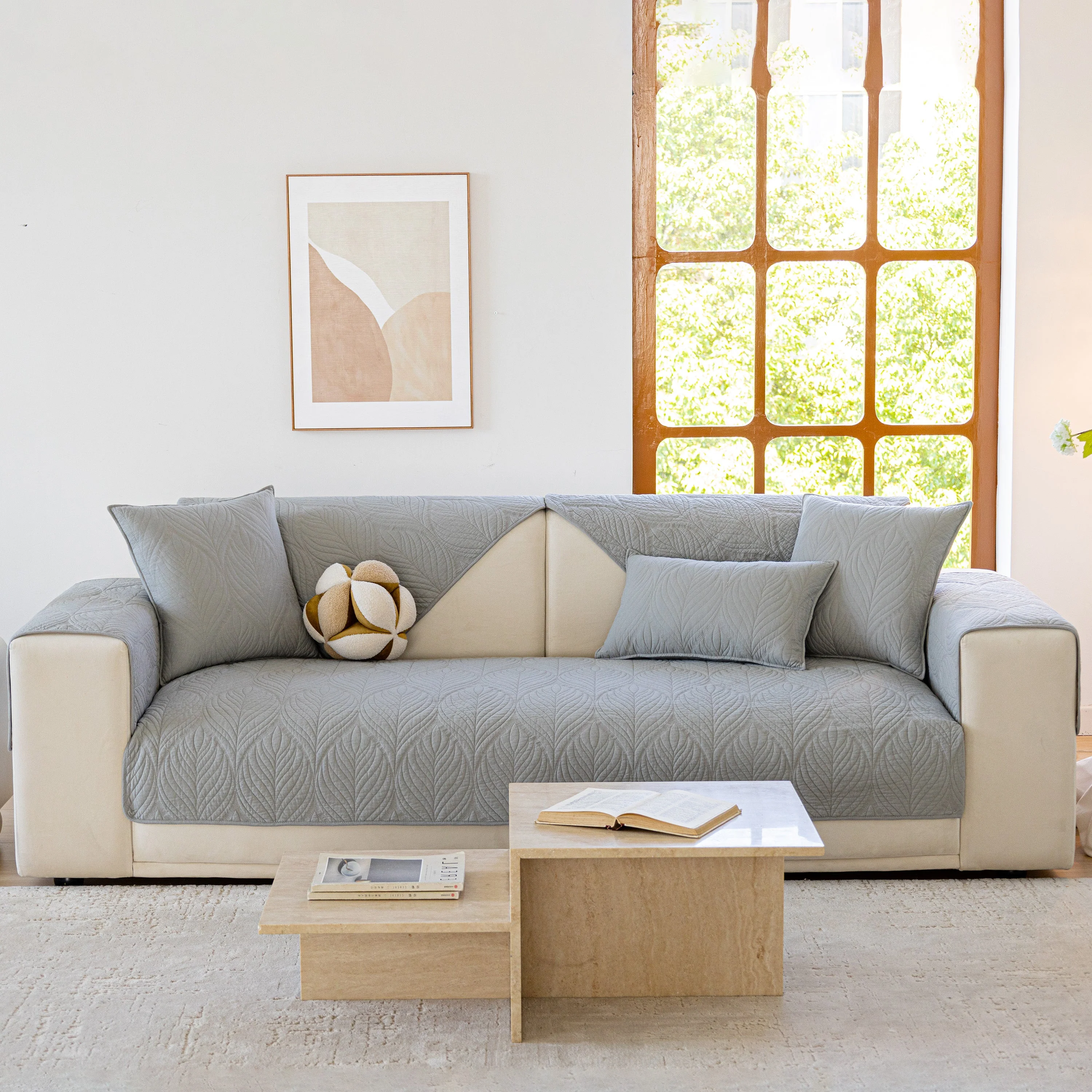 Leaf Vein Textured Cotton Quilted Sofa Slipcover, Non-Slip Modular Couch Covers - Image 50