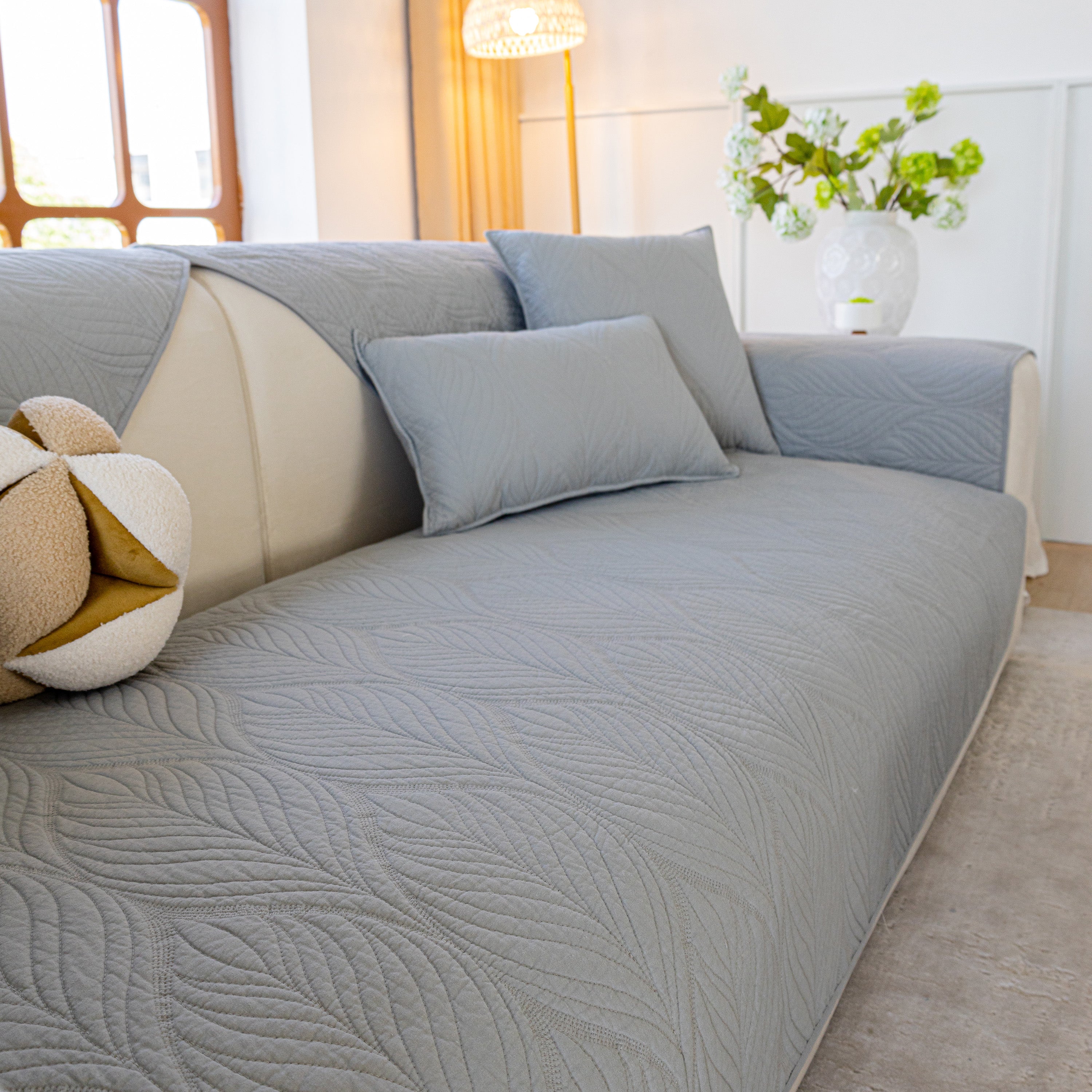Leaf Vein Textured Cotton Quilted Sofa Slipcover, Non-Slip Modular Couch Covers - Image 52