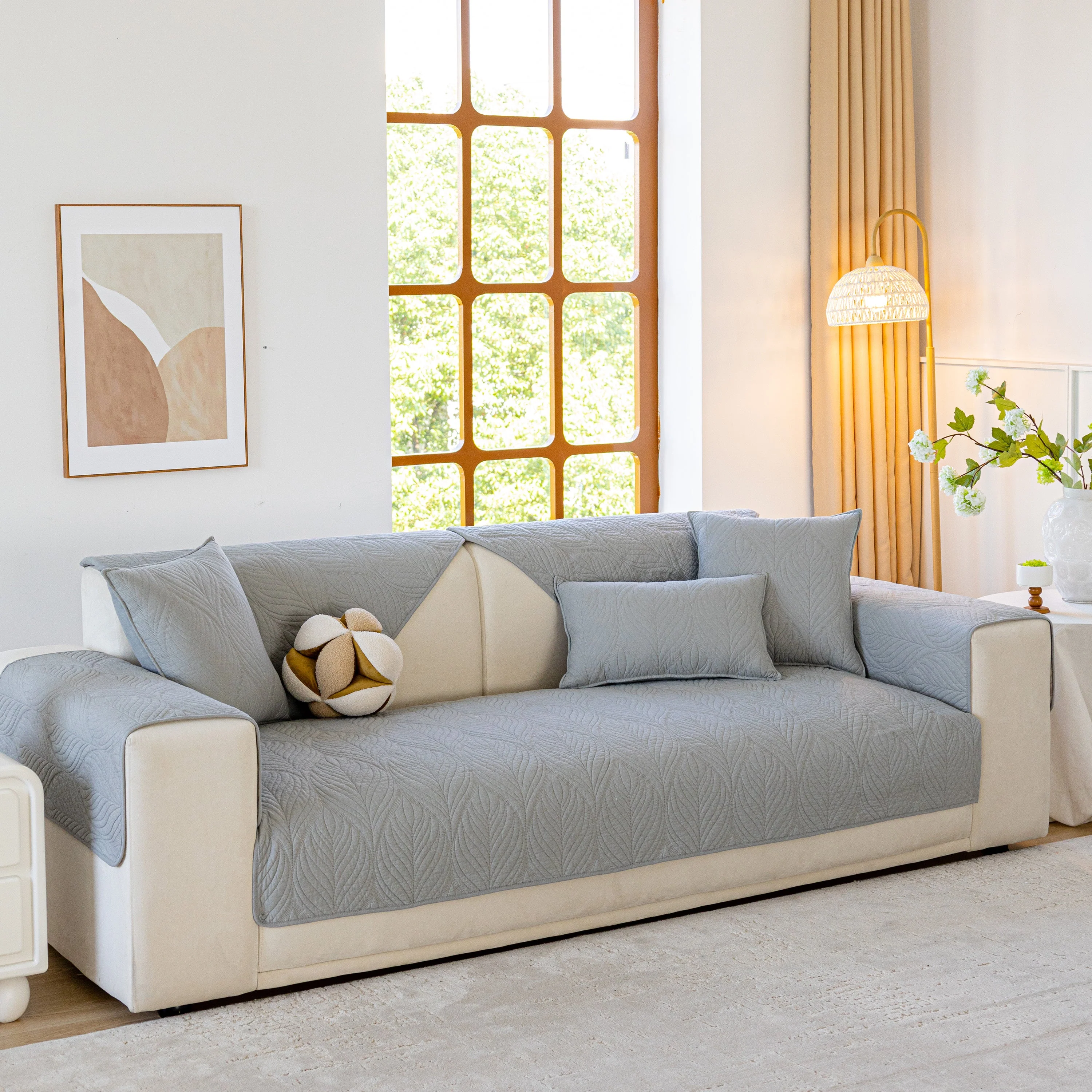 Leaf Vein Textured Cotton Quilted Sofa Slipcover, Non-Slip Modular Couch Covers - Image 54