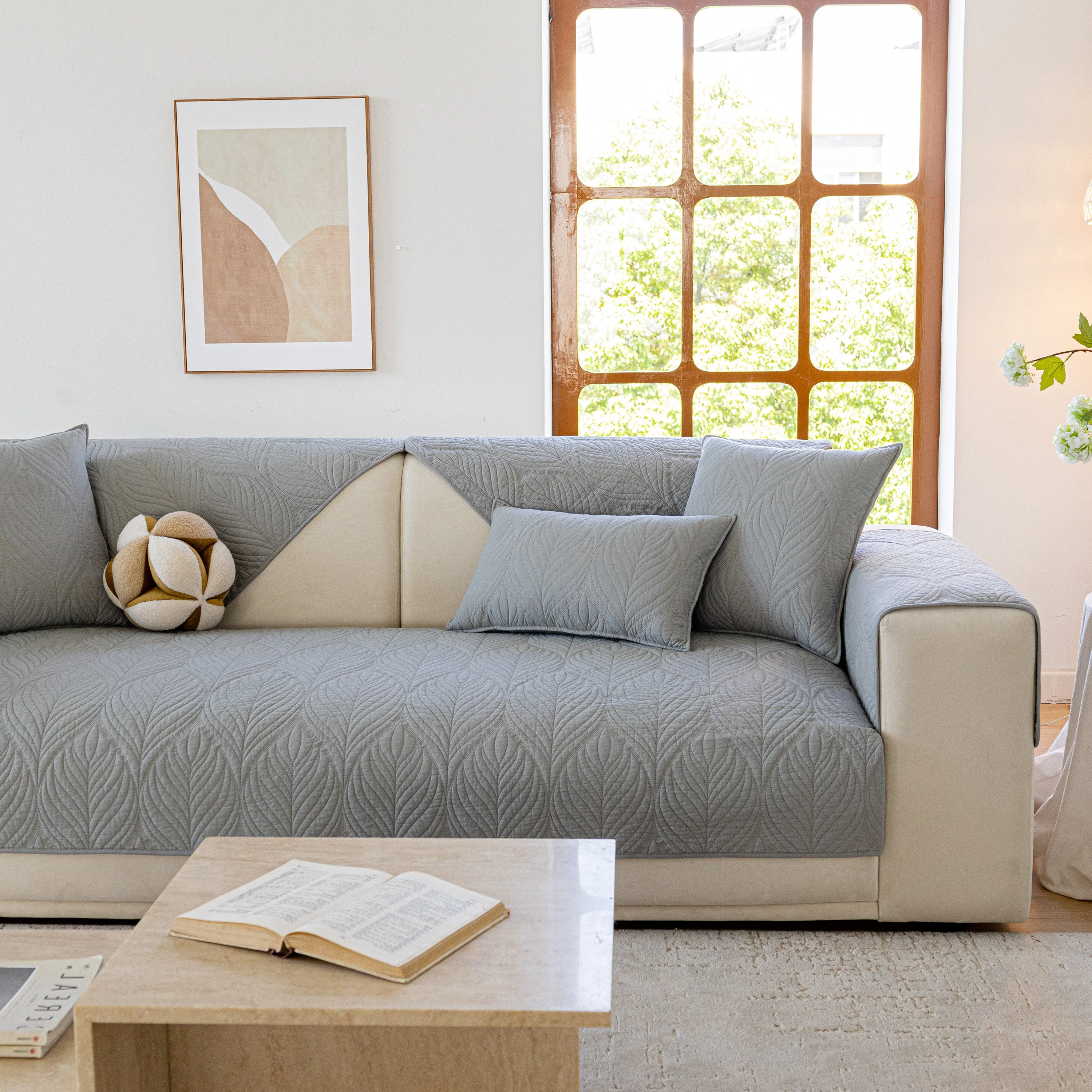 Leaf Vein Textured Cotton Quilted Sofa Slipcover, Non-Slip Modular Couch Covers - Image 56