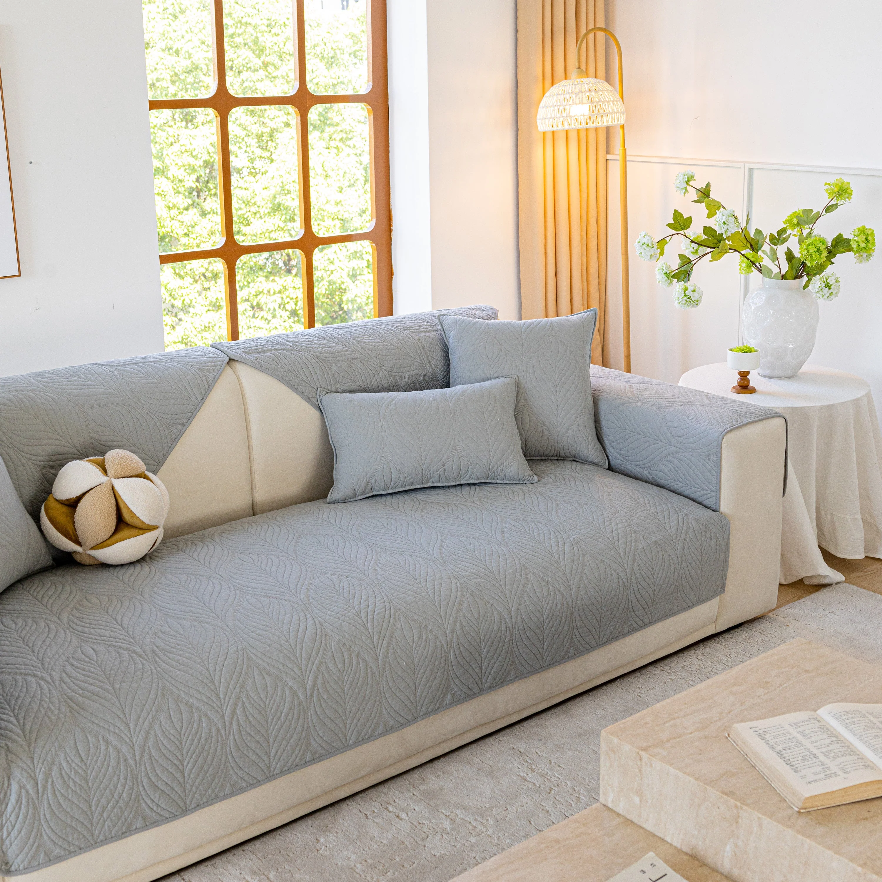 Leaf Vein Textured Cotton Quilted Sofa Slipcover, Non-Slip Modular Couch Covers - Image 57