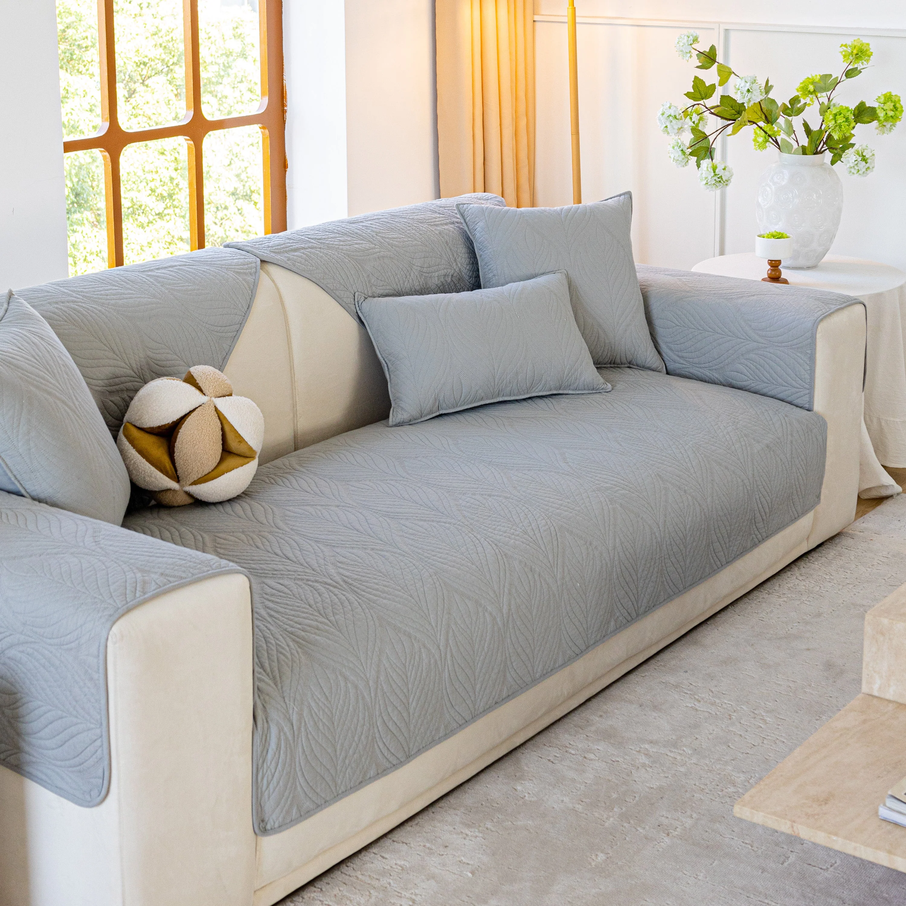 Leaf Vein Textured Cotton Quilted Sofa Slipcover, Non-Slip Modular Couch Covers - Image 58