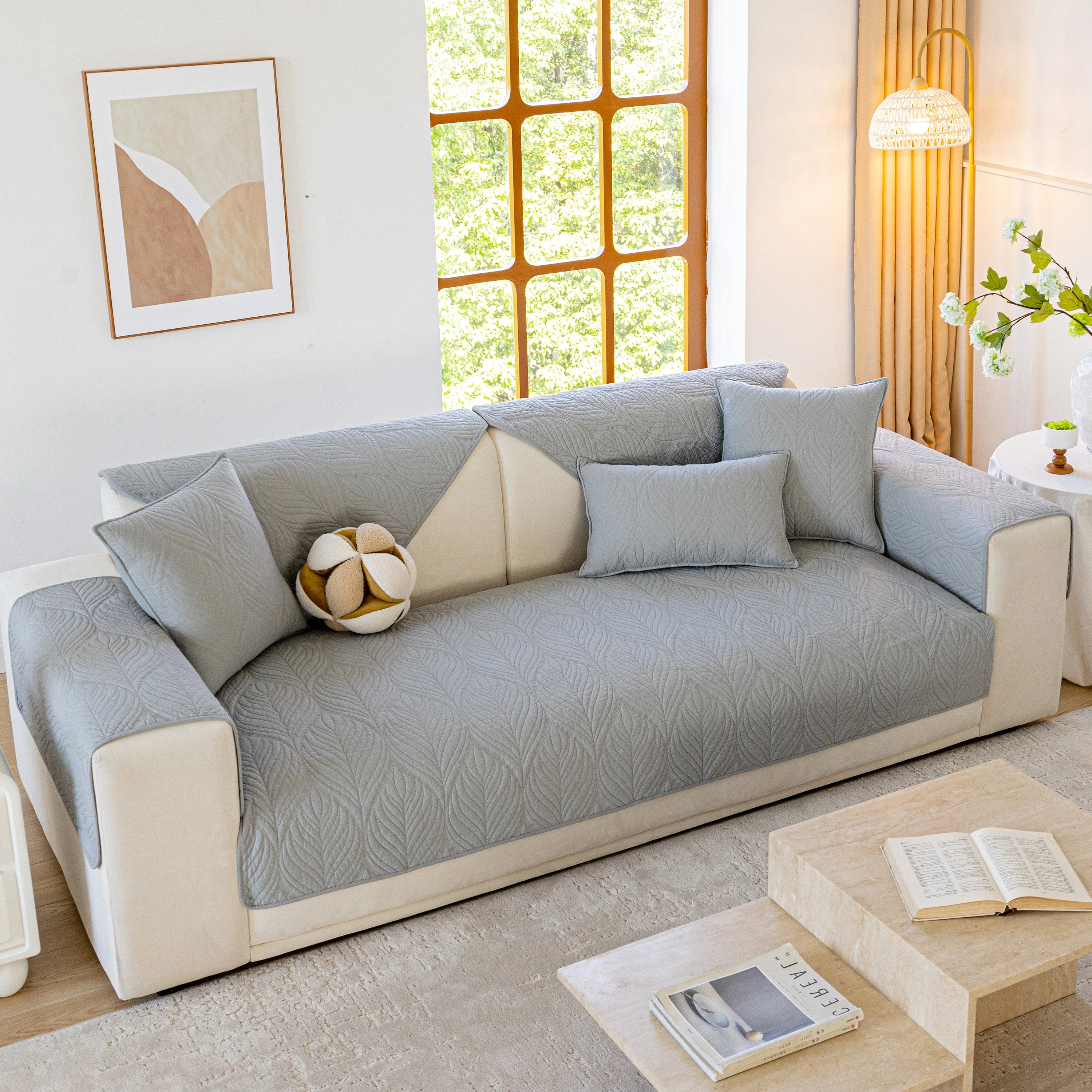 Leaf Vein Textured Cotton Quilted Sofa Slipcover, Non-Slip Modular Couch Covers - Image 60