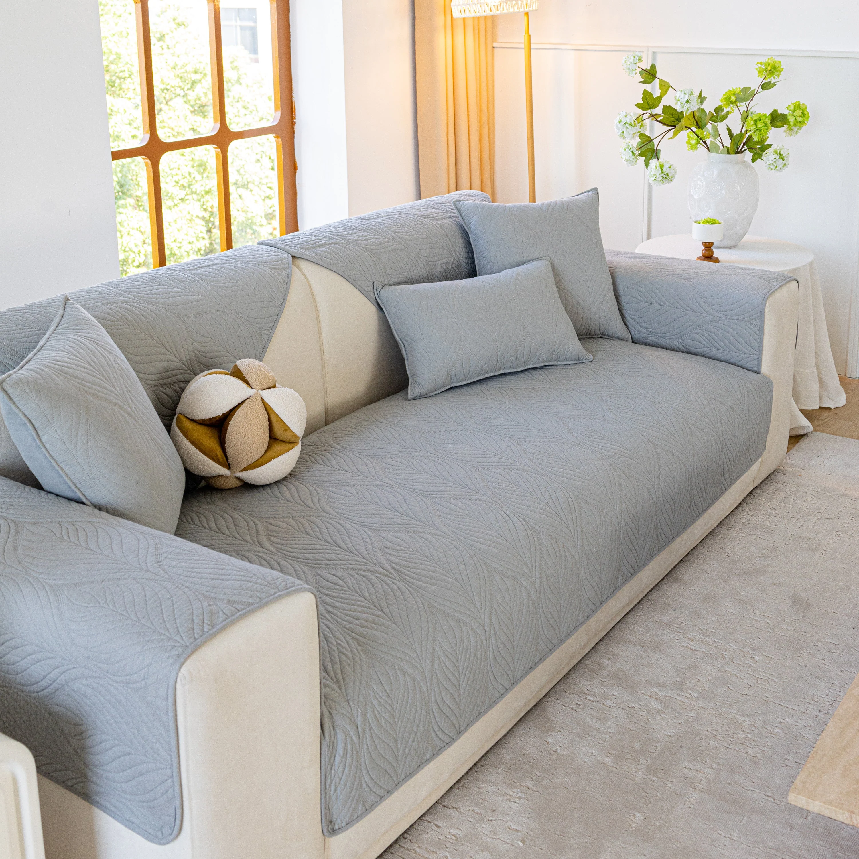 Leaf Vein Textured Cotton Quilted Sofa Slipcover, Non-Slip Modular Couch Covers - Image 61