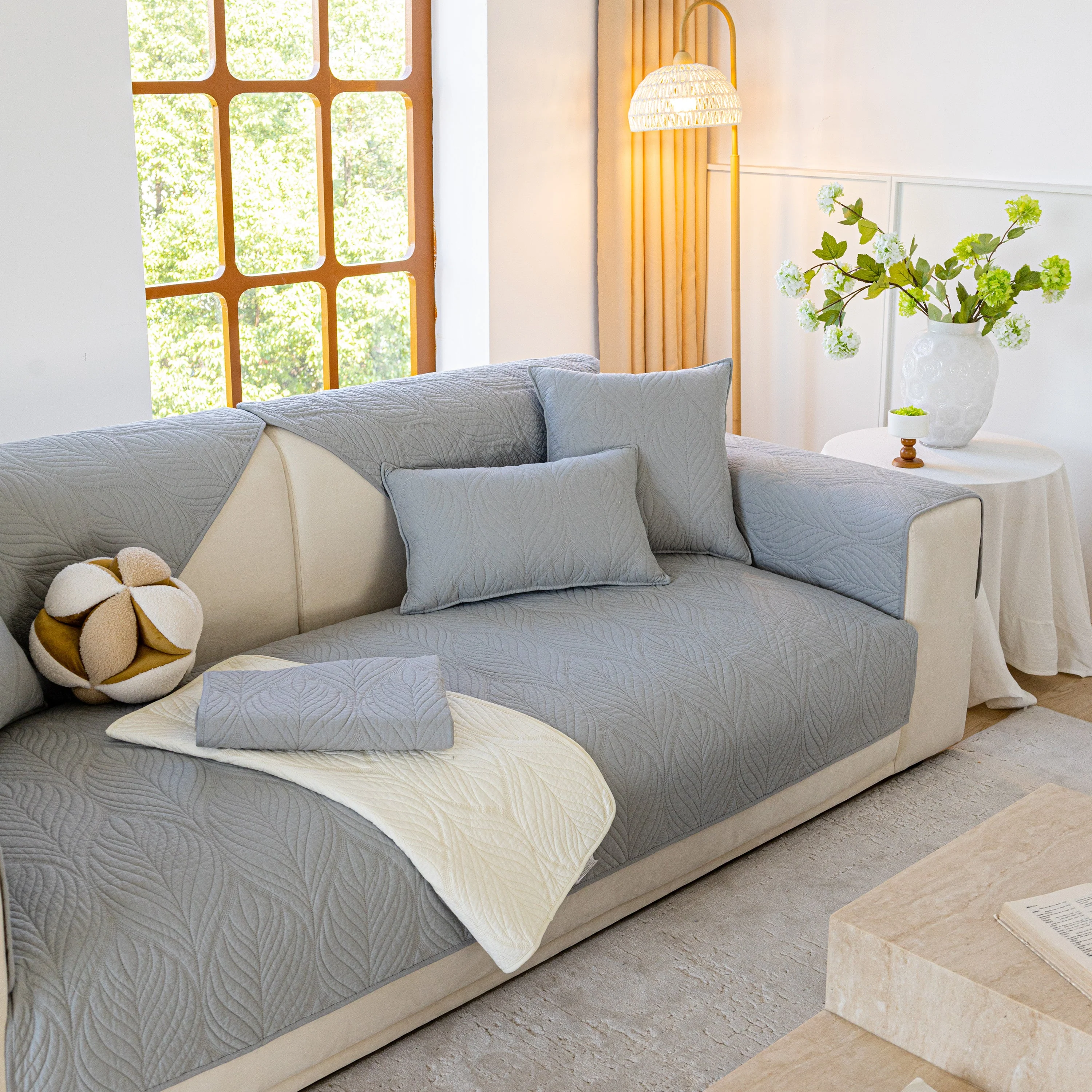 Leaf Vein Textured Cotton Quilted Sofa Slipcover, Non-Slip Modular Couch Covers - Image 62