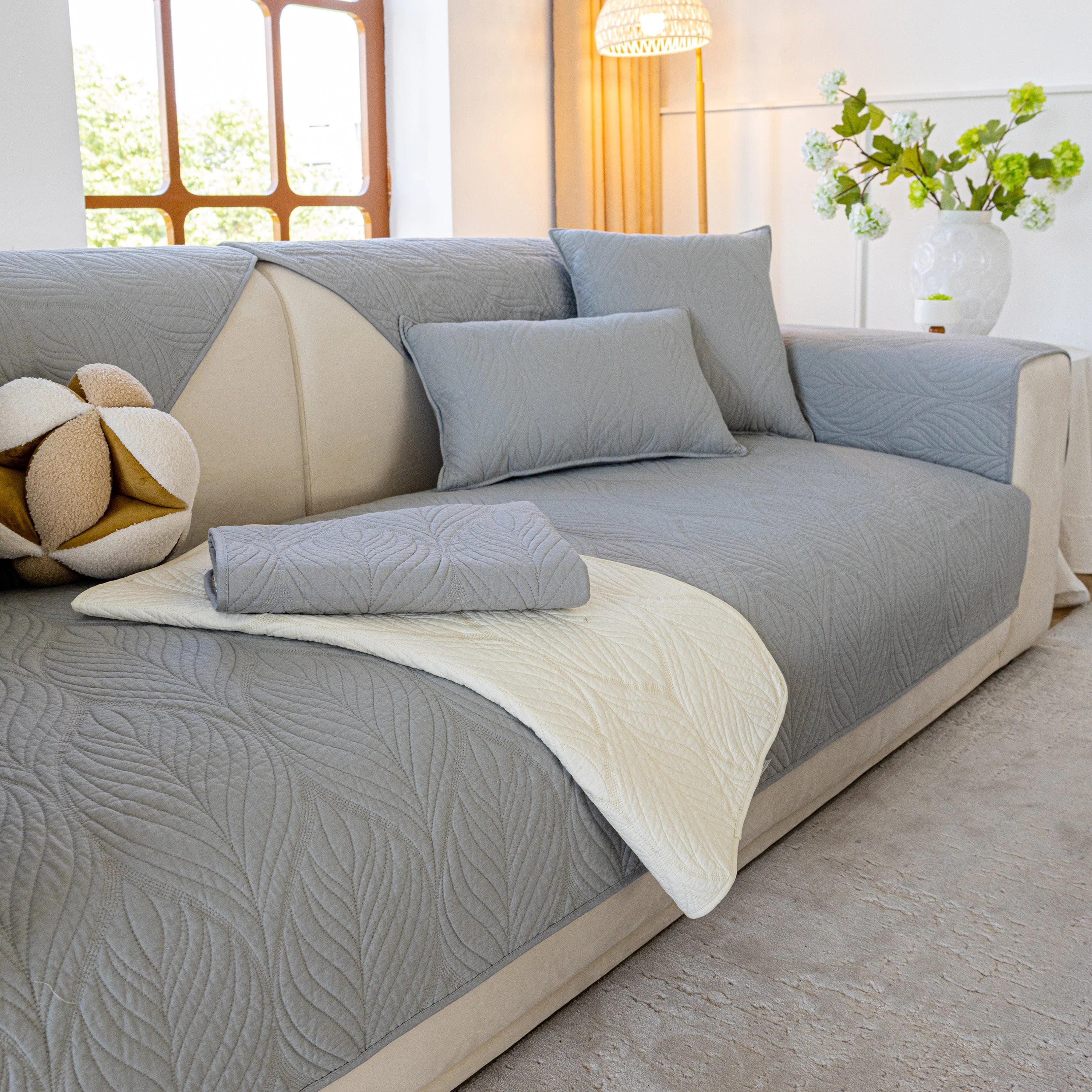 Leaf Vein Textured Cotton Quilted Sofa Slipcover, Non-Slip Modular Couch Covers - Image 63