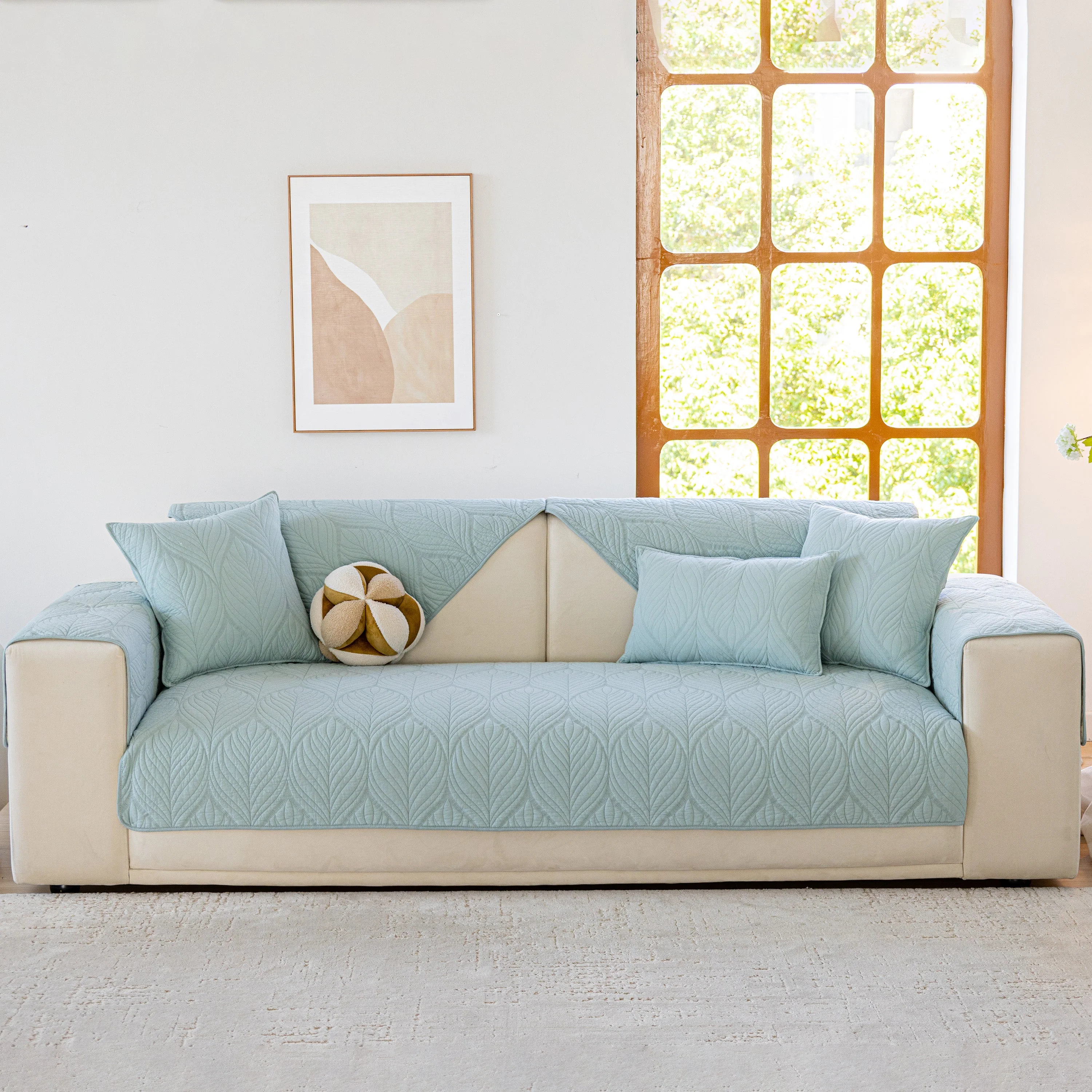 Leaf Vein Textured Cotton Quilted Sofa Slipcover, Non-Slip Modular Couch Covers - Image 68