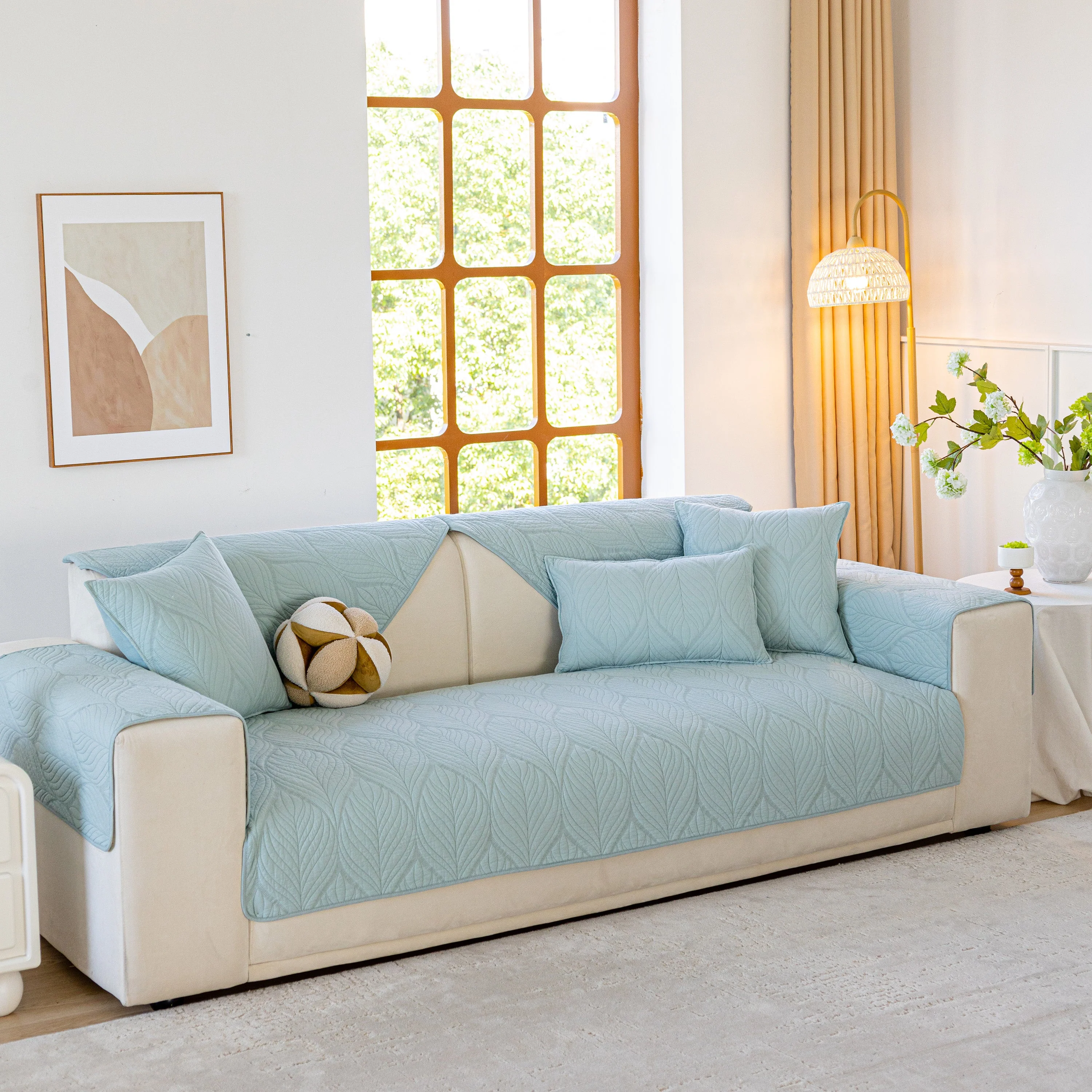 Leaf Vein Textured Cotton Quilted Sofa Slipcover, Non-Slip Modular Couch Covers - Image 69